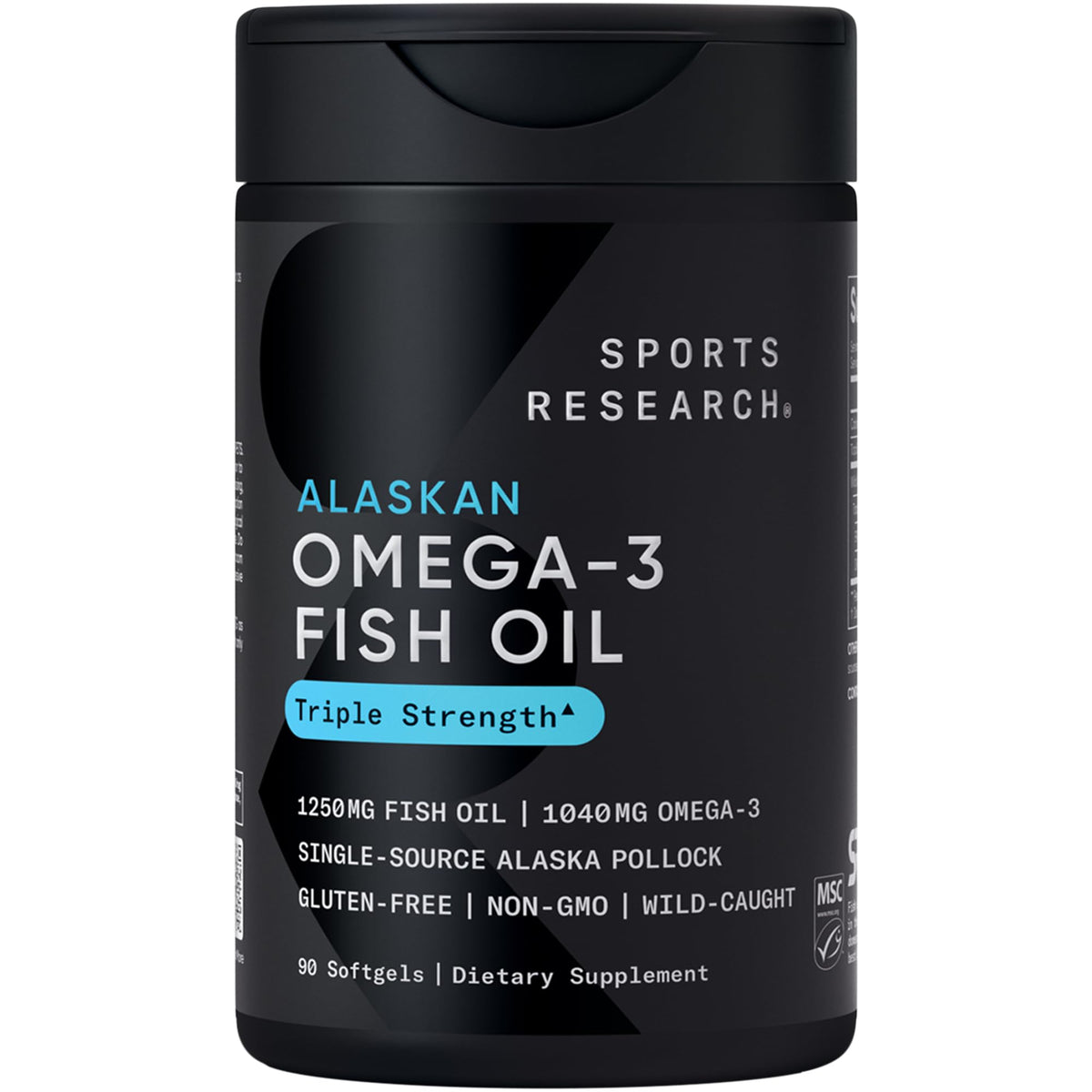 Sports Research Dreifach Stärke Omega 3 Fischöl – Aufstoßfreies Fischöl-Supplement mit EPA & DHA Fettsäuren aus Wildem Alaska-Pollack aus einer einzigen Quelle – 1250 mg, 90 Kapseln