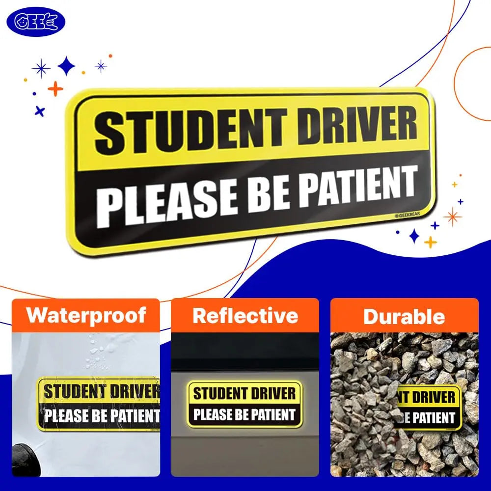 GEEKBEAR Student Driver Car Magnet - Colorful, Reflective, Weather-Resistant - Rectangular 8.7 x 3.5 in (Yellow/Black, 3 Pack)
