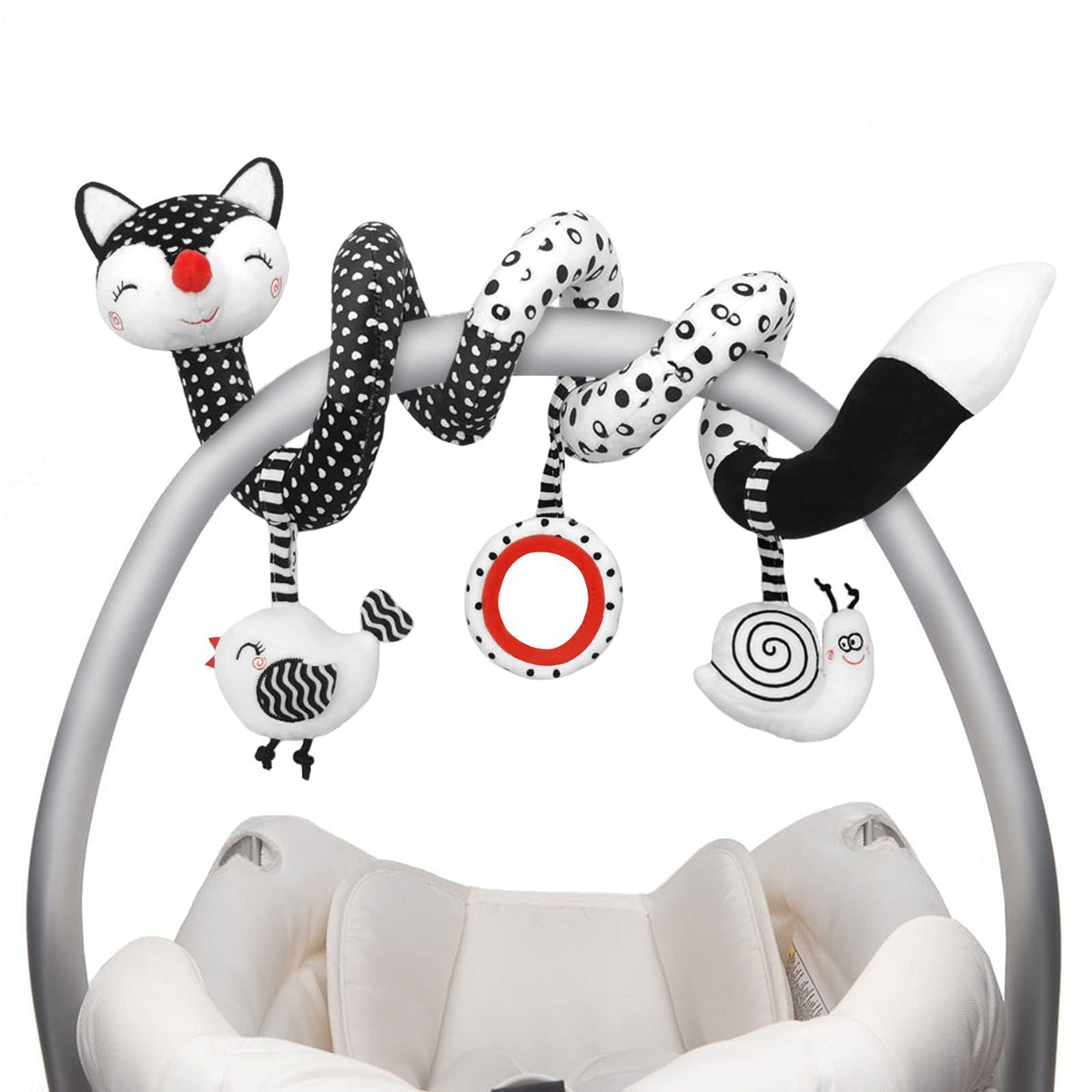 XIXILAND Baby Spiral Plüschtiere, Schwarz-Weiß Babyspielzeug für den Autositz, kontrastreiches Babyspielzeug 0-6 Monate für Kinderwagen und Wiege, Sensorikspielzeug Bestes Geschenk für Jungen und Mädchen von 0 3 6 9 12 Monaten