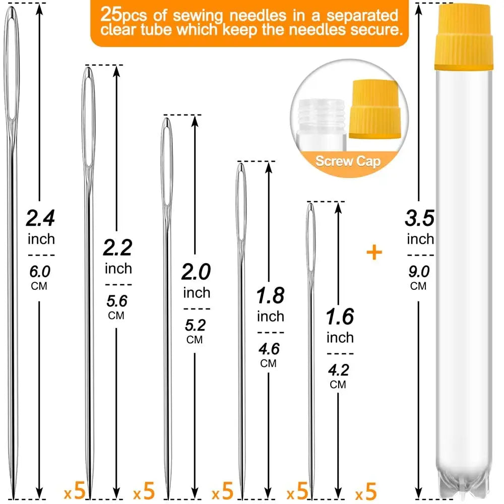 Premium Large Eye, Large Gauge Needles for Hand Sewing - Assorted Sizes, Including Embroidery - 25/50 PCs with 2 Threaders