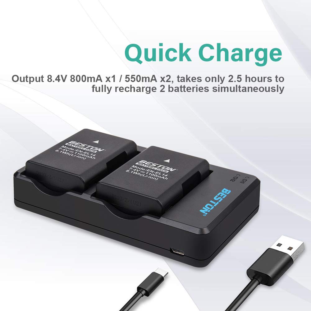 BESTON 2-Pack EN-EL14 / EN-EL14a Battery Packs and Rapid USB Charger Compatible with Nikon D3100 D3200 D3300 D3400 D3500 D5100 D5200 D5300 D5500 D5600 DF Coolpix P7000 P7100 P7700 P7800 Cameras