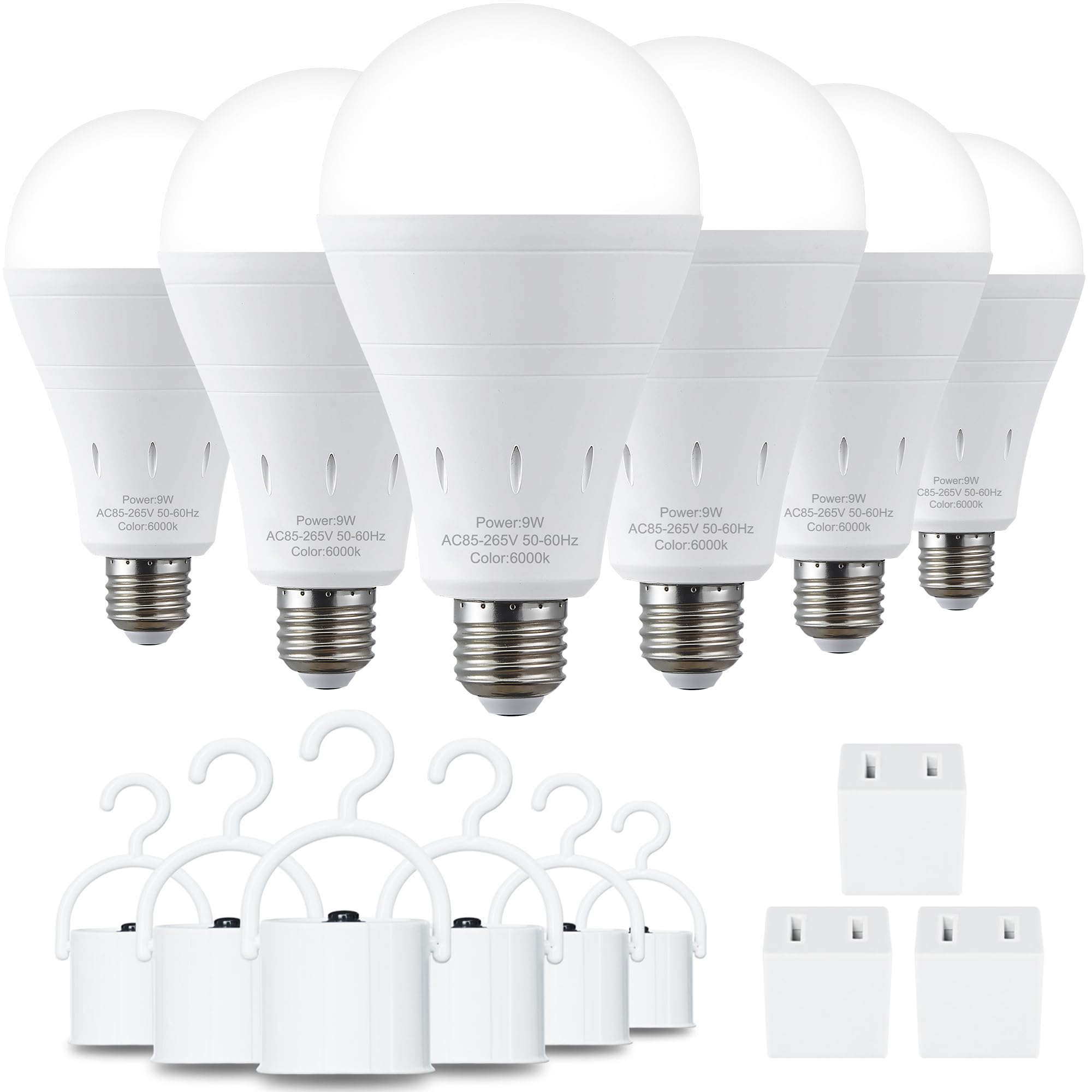 DEBAOBULB 6 قطع مصابيح إضاءة طوارئ قابلة لإعادة الشحن، مصباح LED موفر للطاقة يعمل بالبطارية 6000K ضوء النهار E26 120 فولت 9 واط ما يعادل 60 واط مع 1200 مللي أمبير للمنزل انقطاع التيار الكهربائي والتخييم والأعاصير