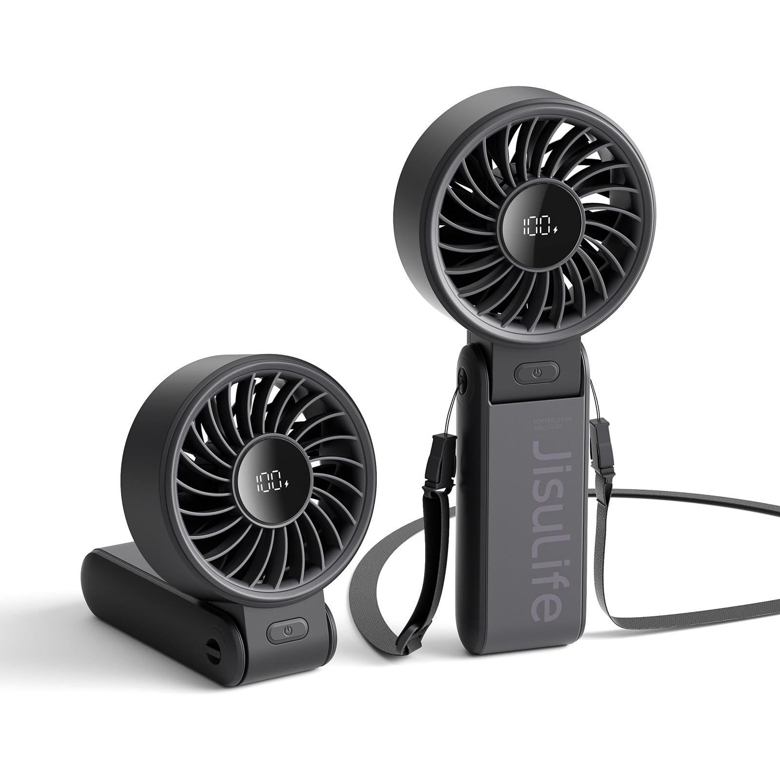 JISULIFE Handheld Fan Life7 - Ultimate Flexibility: High-Power Motor, LED Display, 19.5 Hrs Cooling, 5000mAh Rechargeable, 5-Speed, Foldable Design, 3-IN-1 Portable Fan for Travel Cruise Beach(Black)