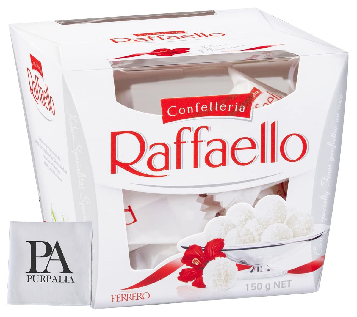 Ferrero Rocher Raffaello, Großpackung 1 Packung, insgesamt 15 Stück, einzeln verpackt, Premium Gourmet Weiße Mandel, Creme und Kokosnuss, Geschenkbox, je 150 g (Purpalia Verpackung)