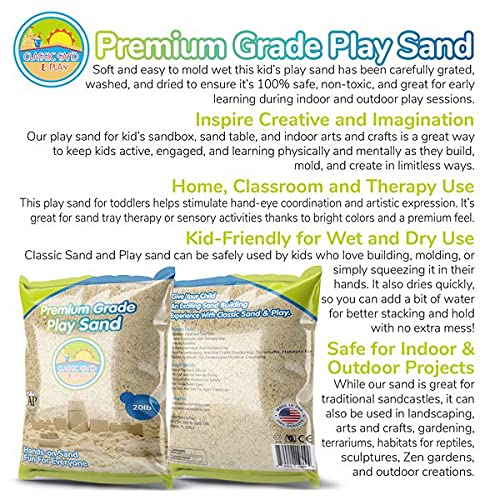Classic Sand and Play Sand for Sandbox, Table, Therapy, and Outdoor Use, 20 lb. Bag, Natural, Non-Toxic, Wet Castle Building for Creativity and Stimulates Sensory Skills