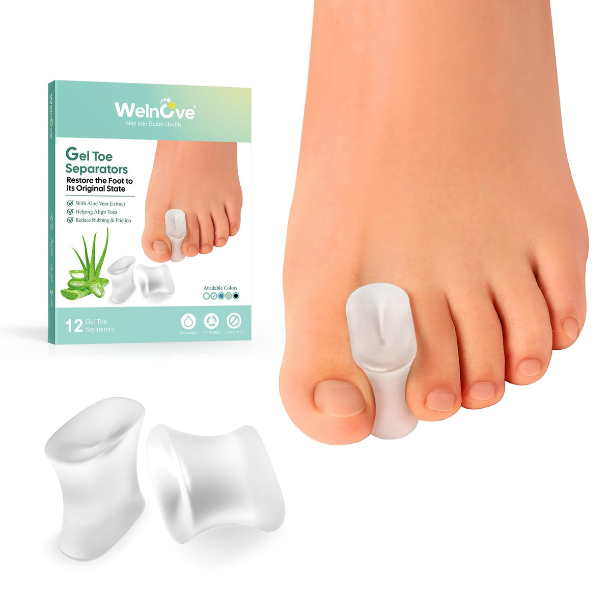 Welnove 12-Pack Gel Toe Separators - Bunion Pads - Toe Spacers for Straightening Overlapping Toes for Men and Women - Transparent