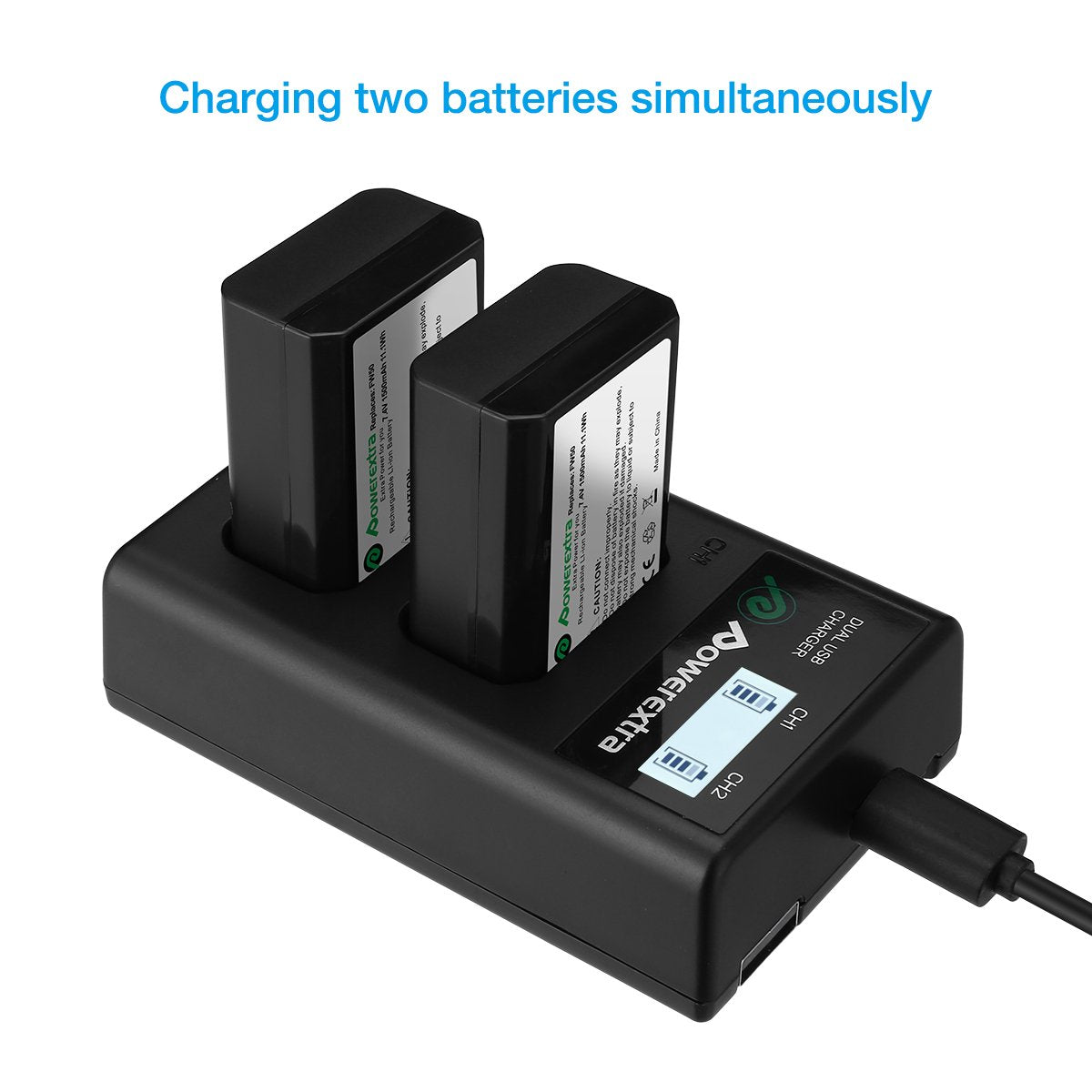 Powerextra 2 Pack Replacement NP-FW50 Battery & Smart LCD Display Dual Channel Charger for Sony Alpha a6500, a6300, a6000, a7, a7s, a5100, a5000, a7r, a7 ii Cameras