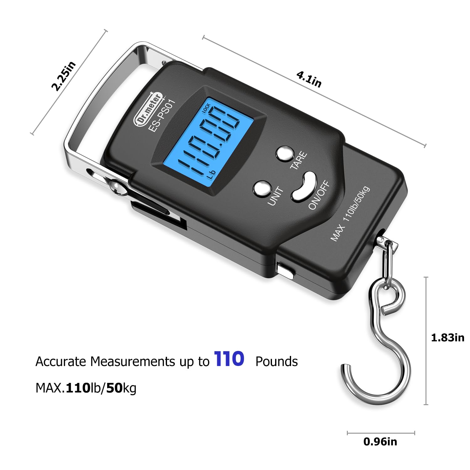 Dr.meter Fish Scale Luggage Scale Fishing Gear - 110lb/50kg Backlit LCD Display Digital Scale with Built-in Measuring Tape - Fishing Scale with 2 AAA Batteries, Pocket Size - Fishing Gifts for Men
