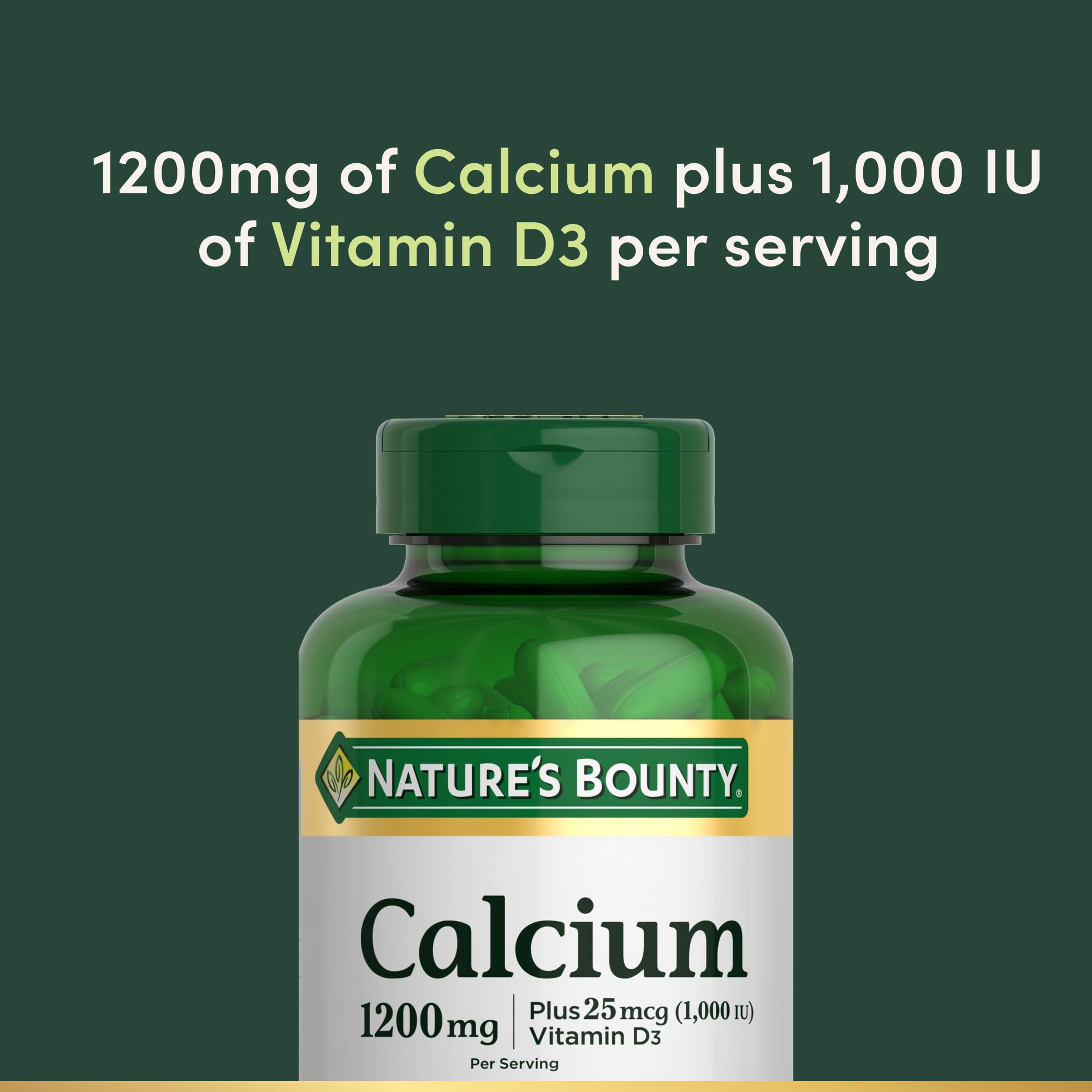 Nature's Bounty Calcium 1200 mg with 1000 IU Vitamin D3 - Bone Health Softgels, Calcium and Vitamin D Supplement, Gluten Free, 2 Softgels per Day, 120 ct (Pack of 1)