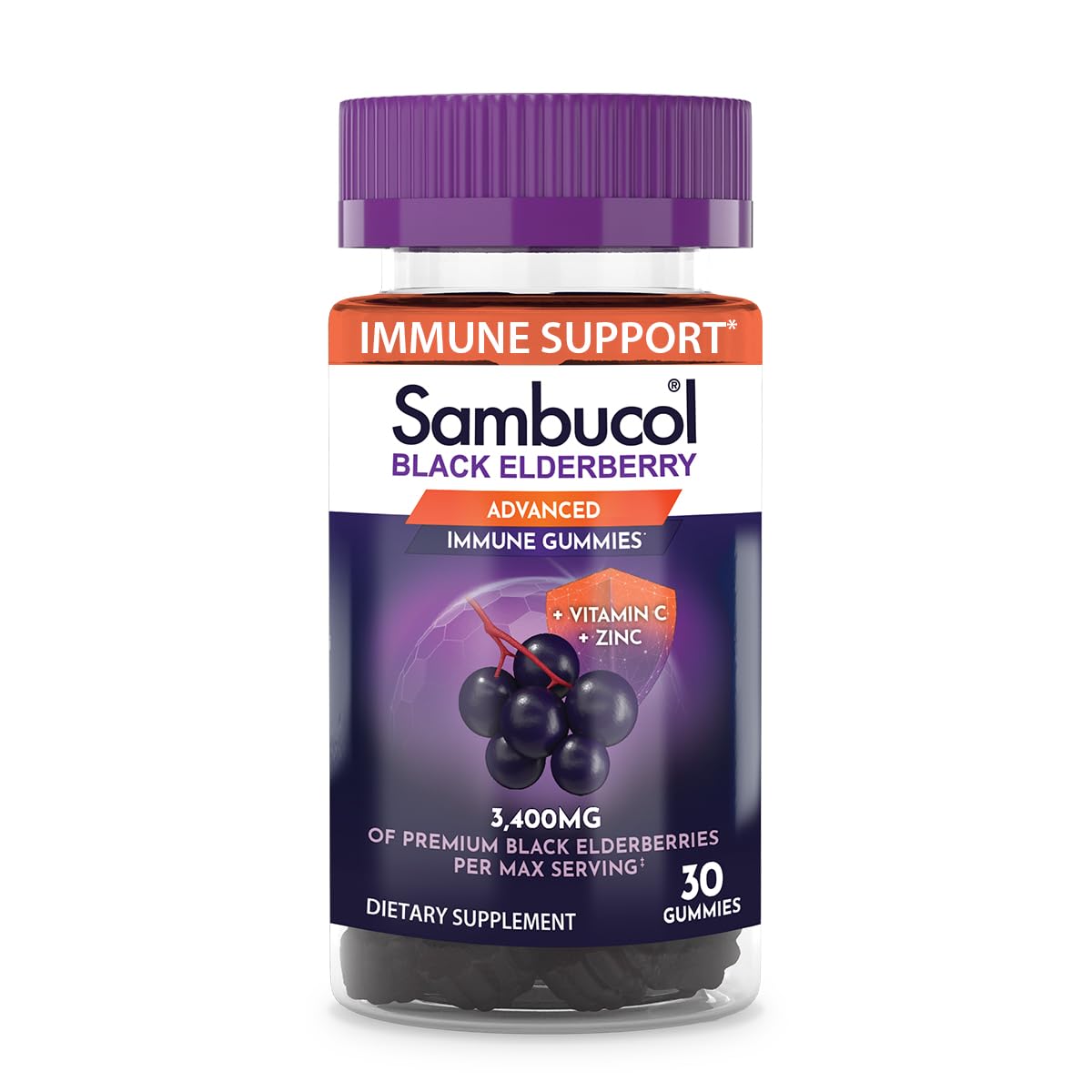 Sambucol Schwarze Holunderbeeren Gummis mit Vitamin C & Zink – Sambucus Holunderbeer-Gummis zur Immununterstützung, hohe Antioxidantien, glutenfrei, vegan, Holunderbeere mit Zink & Vitamin C für Erwachsene – 30 Stück