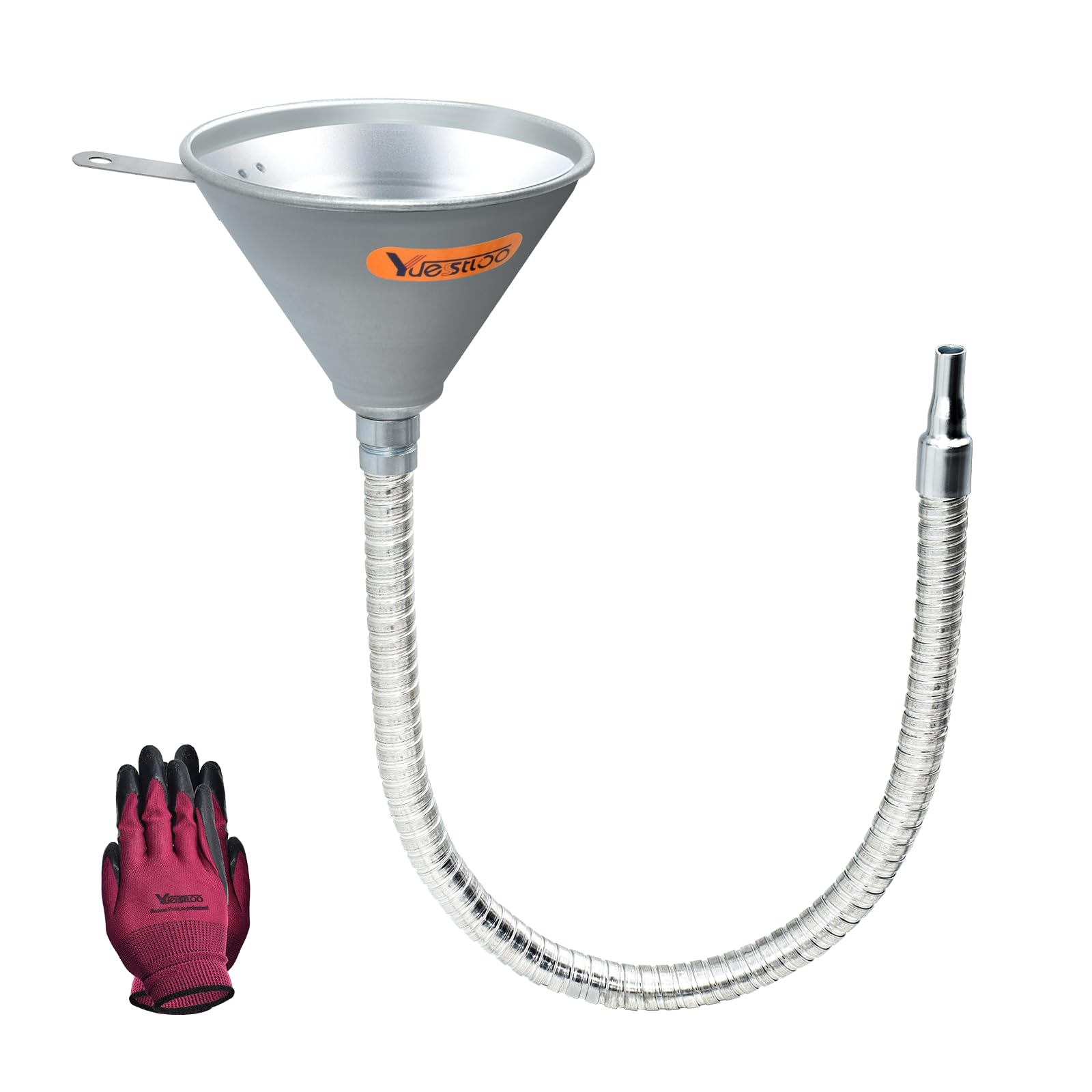 Yuesstloo 24.4" Steel Bendable Spout Funnel with Filter for All Automotive Oils, Metal Flexible Long Funnels for Automotive Use for Transmission Fluid, Diesel Fuel, and Other Liquids, with Gloves
