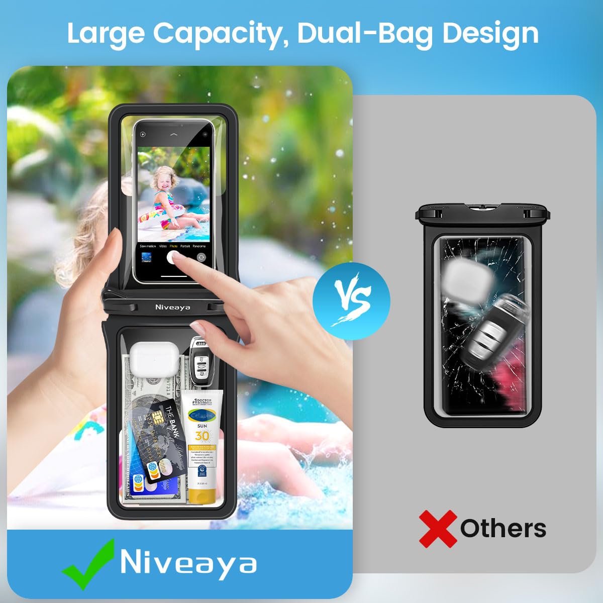 Niveaya Double Space Waterproof Phone Pouch (2-Pack) - IPX8 Cell Phone Dry Bag for Beach, Kayak, Cruise Travel Essentials - Compatible with iPhone 16/15/14 Pro Max & Galaxy S25/S24 Ultra (up to 8.3")