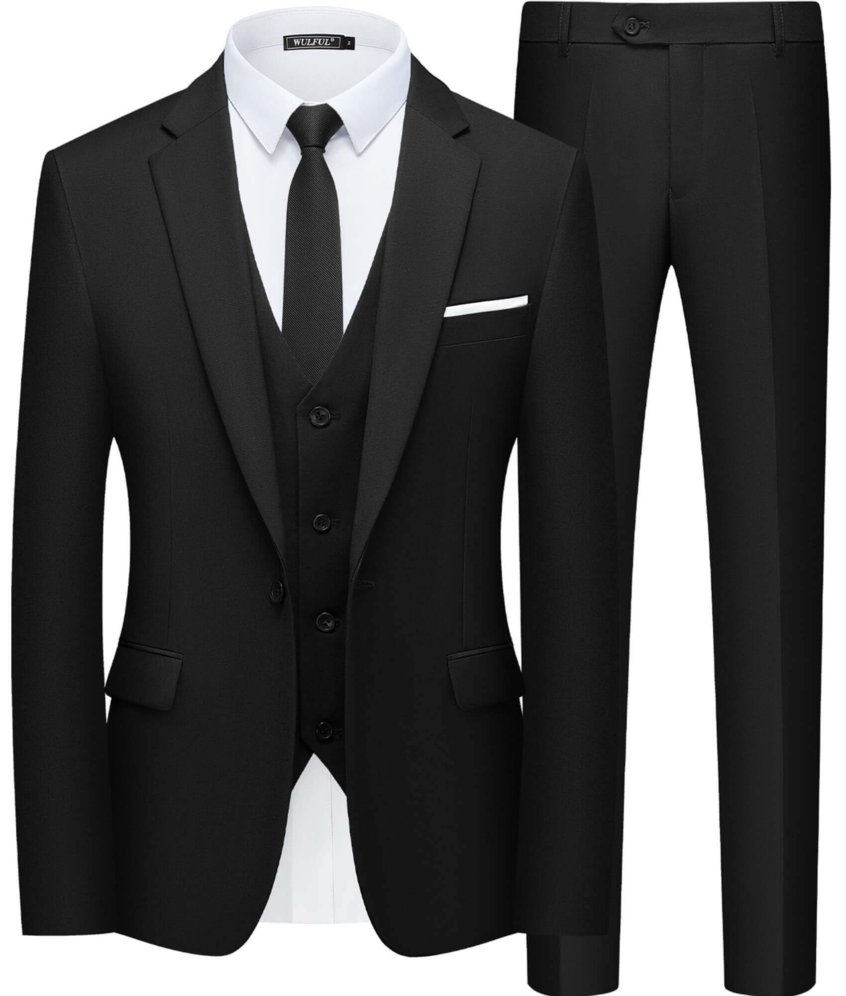 WULFUL Men’s Slim Fit Suit One Button 3-Piece Blazer Dress Business Wedding Party Jacket Vest & Pant Black