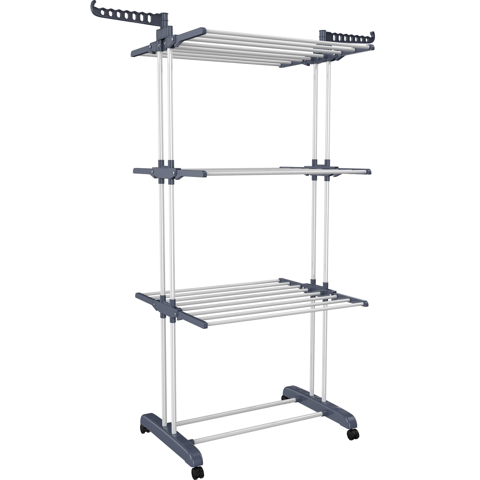 HOMIDEC Clothes Drying Rack, Oversized 4-Tier(67.7" High) Foldable Stainless Steel Drying Rack Clothing, Movable Drying Rack with 4 castors, 24 Drying Poles and 14 Hooks for Bed Linen, Clothing, Grey