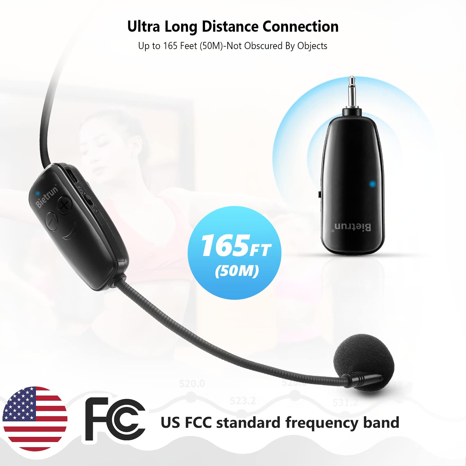 Bietrun Wireless Microphone Headset, UHF Wireless Headset Mic System, 160ft Range,1/8'' and 1/4'' Plug, for Speakers, Voice Amplifier, PA System(Not Supported AUX/iOS)