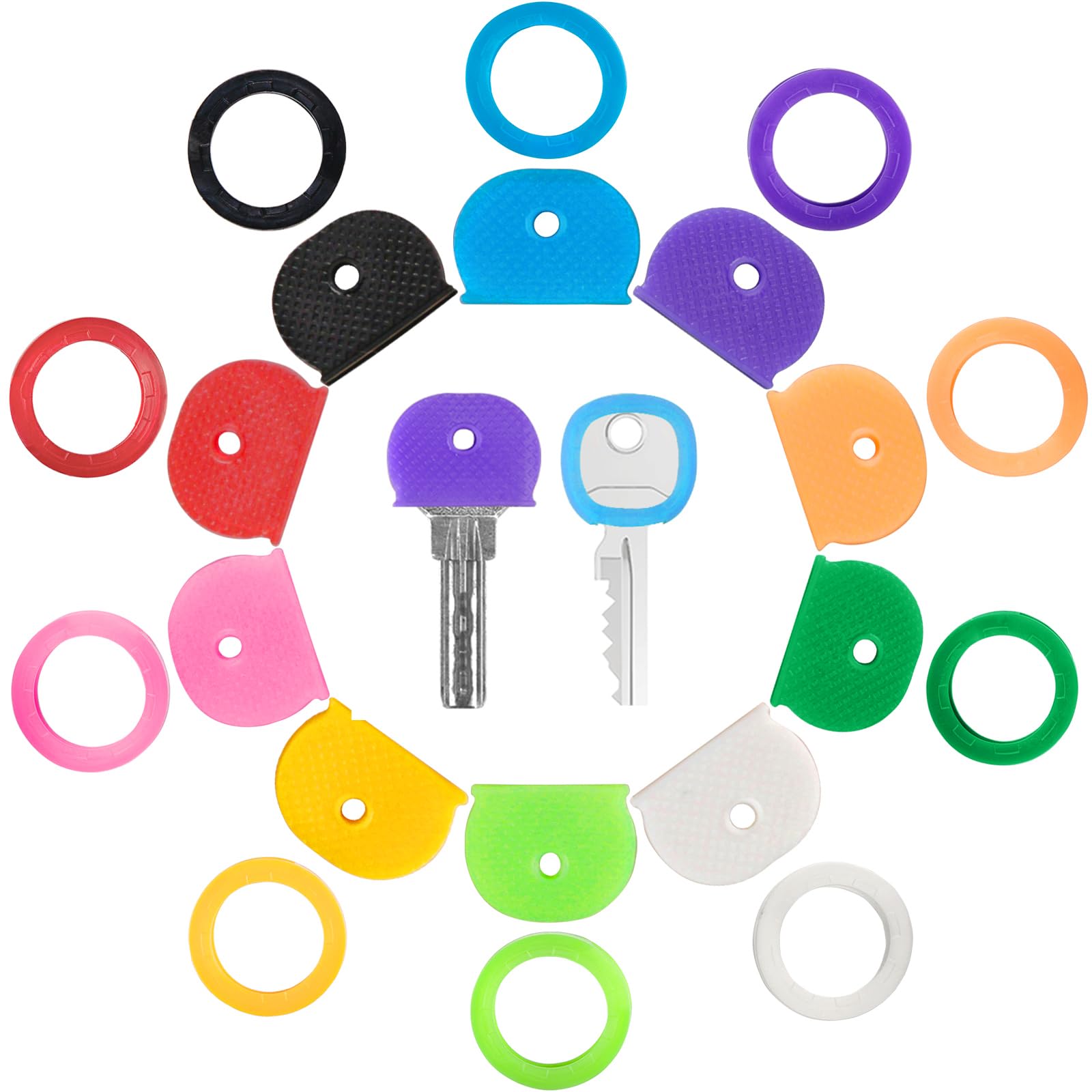 GoorDik 20 Pack Key Color Caps Covers Tags, Soft Rubber Key Identifiers, Plastic Key Toppers for Standard Flat Organization House Key (Not Suitable for Odd-Shaped Keys), 10 Colors, 2 Styles