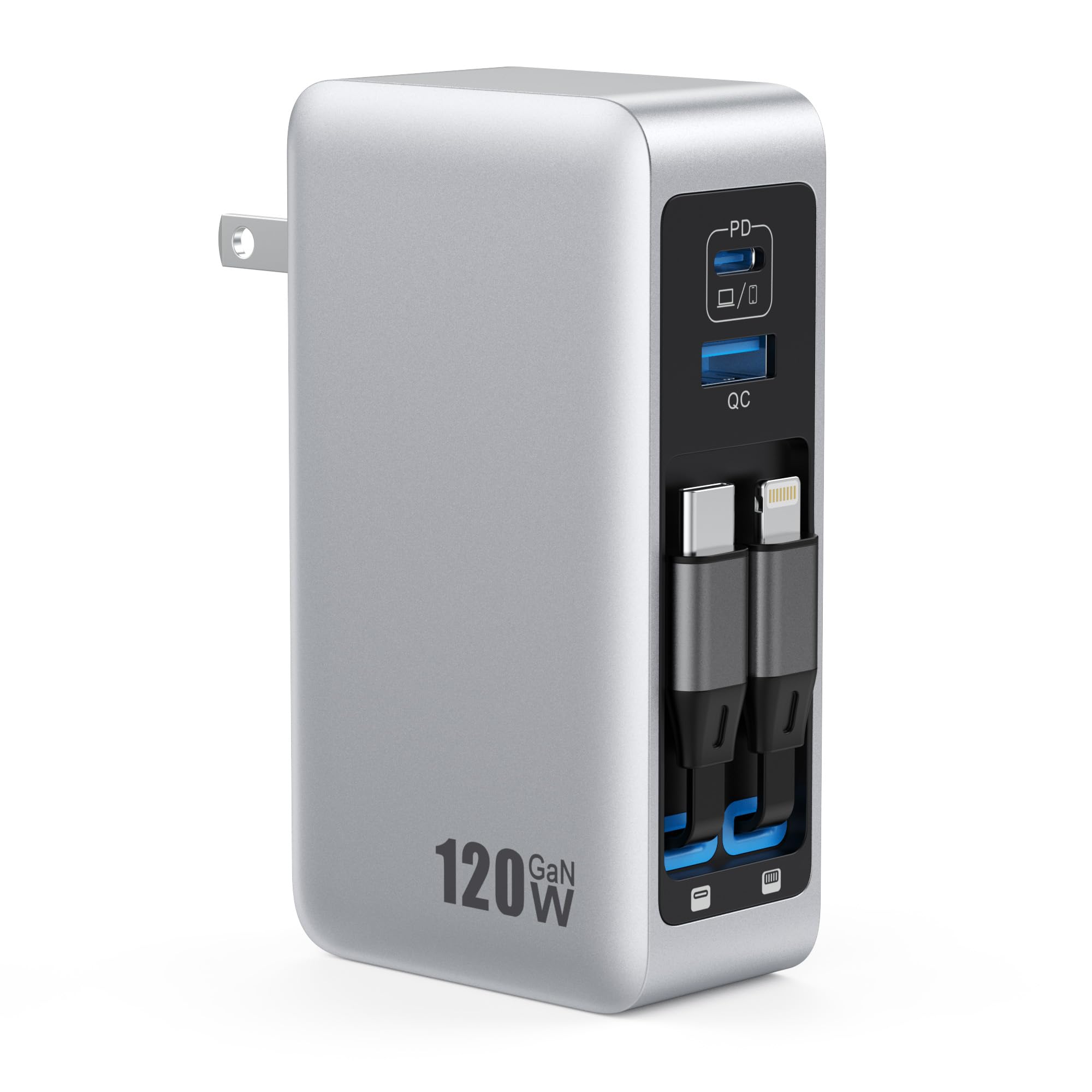 120W USB C Ladegerät mit 2 integrierten einziehbaren Kabeln, 4-in-1 GaN IV faltbares Stecker-Wandladegerät, Schnellladestation, PD 65W Laptop-Adapter für Macbook/iPad, iPhone 16/15/14, Galaxy S24, Android usw.