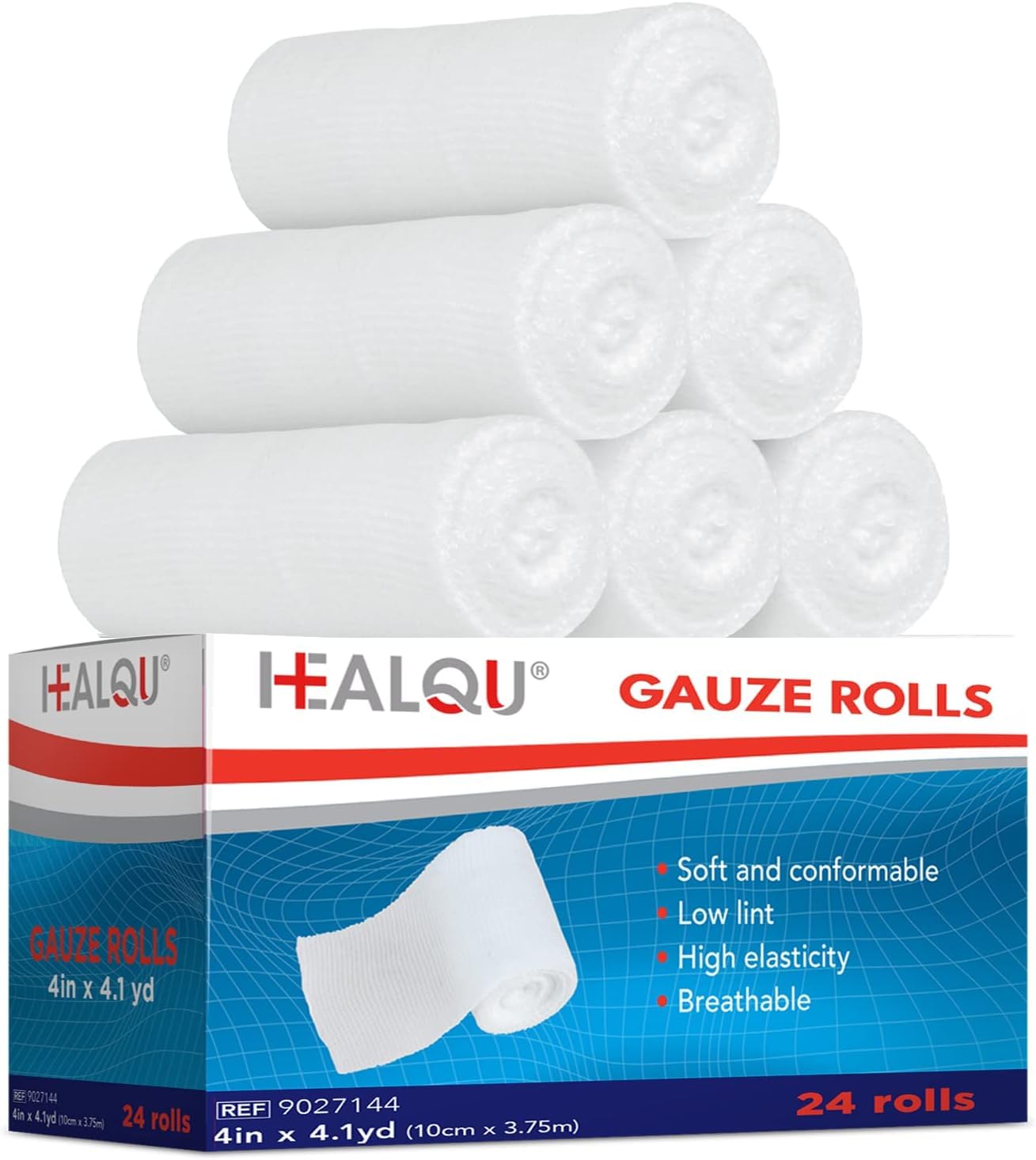 HEALQU Premium Gauze Rolls - 4' x 4 Yards - 24 Rolls, Individually Wrapped Conforming Stretch Gauze Bandage - Super Soft Woven Stretch Bandages for Primary Wound Dressing Support