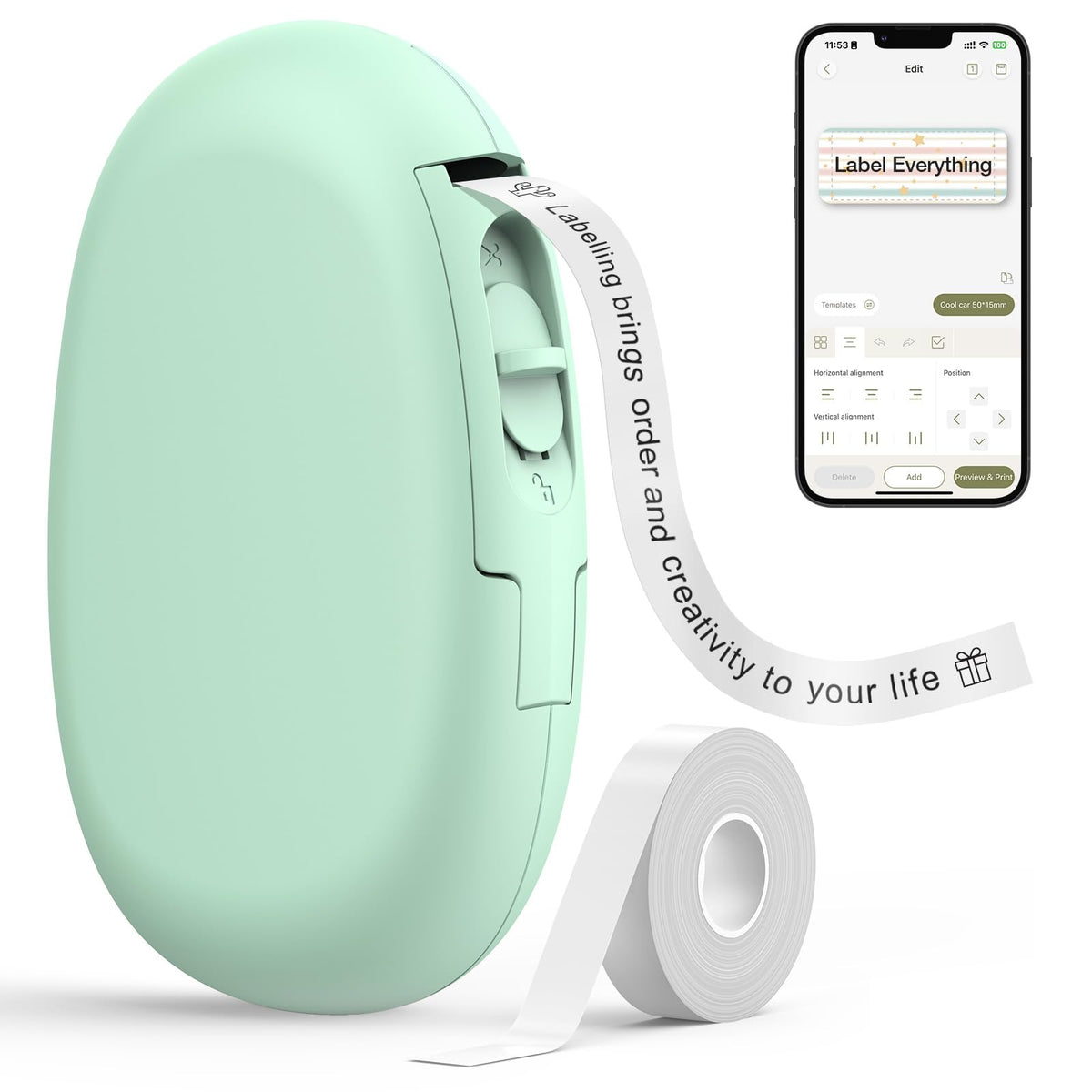 SUPVAN E10 Bluetooth-Etikettendrucker mit Band, durchgehendes wasserdichtes Etikett, vielseitige App mit 35 Schriftarten und über 1000 Symbolen, Etikettendrucker für Zuhause, Küche, Schule, Büroorganisation, Grün