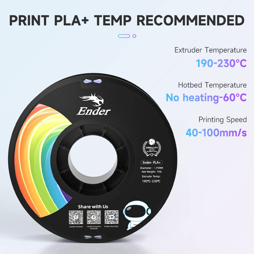 Creality 3D Printer Filament 1.75mm, Rainbow PLA Plus Filament, Multicolor Strong Toughness No-Tangling Dimensional Accuracy +/- 0.03mm, 1KG Spool(2.2lbs)