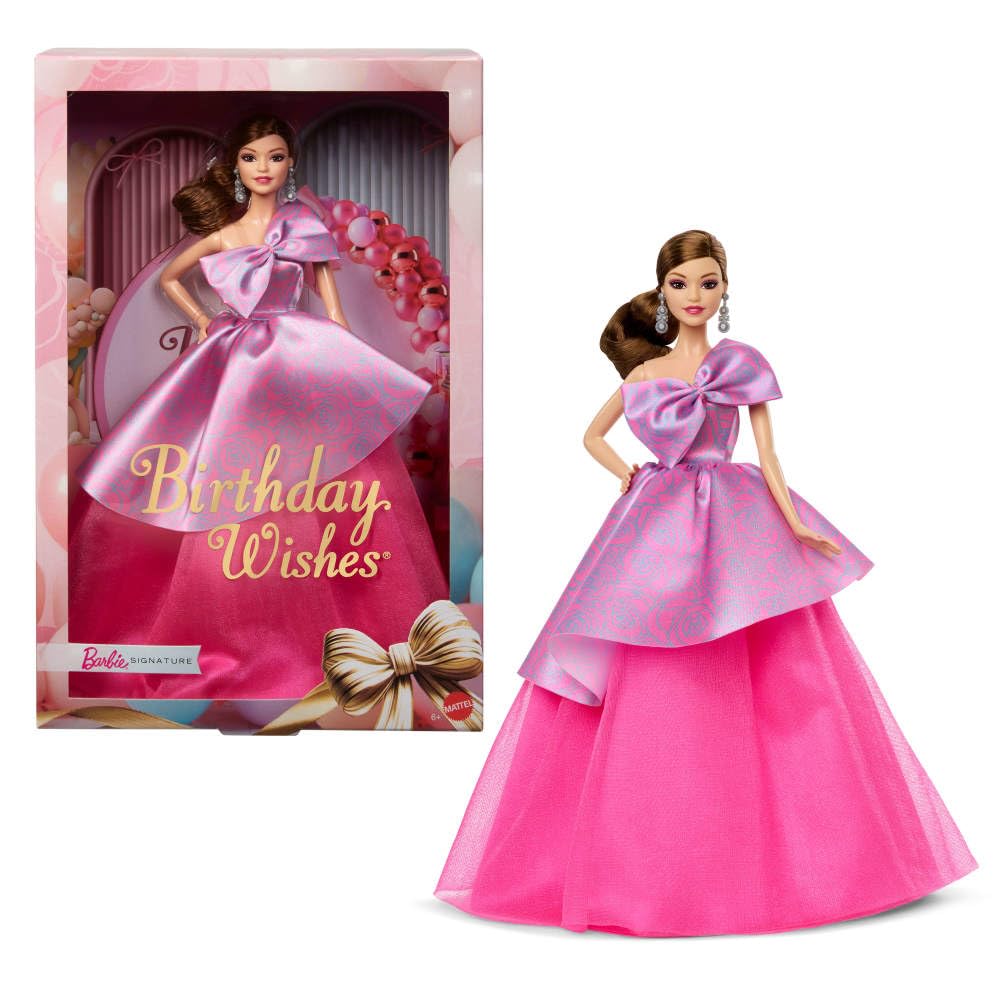 Barbie Signature Birthday Wishes Puppe, Sammelpuppe in satiniertem rosa Kleid mit gewelltem braunem Haar und Geschenkverpackung