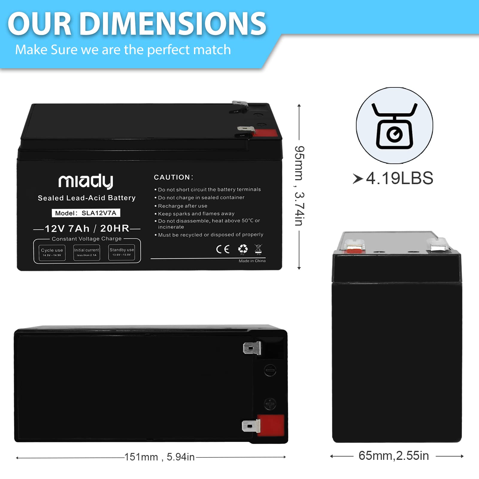 Miady 12V 7Ah Rechargeable Sealed Lead Acid Battery (2 Pack)