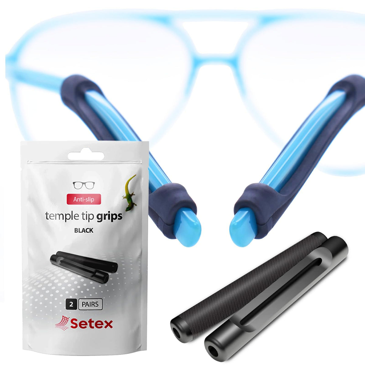 مقابض أطراف ذراع نظارة Setex Gecko Grip، (زوجان أسودان) صنع في الولايات المتحدة الأمريكية، أطراف مبتكرة من الألياف الدقيقة، طول 49 ملم وعرض 7 ملم