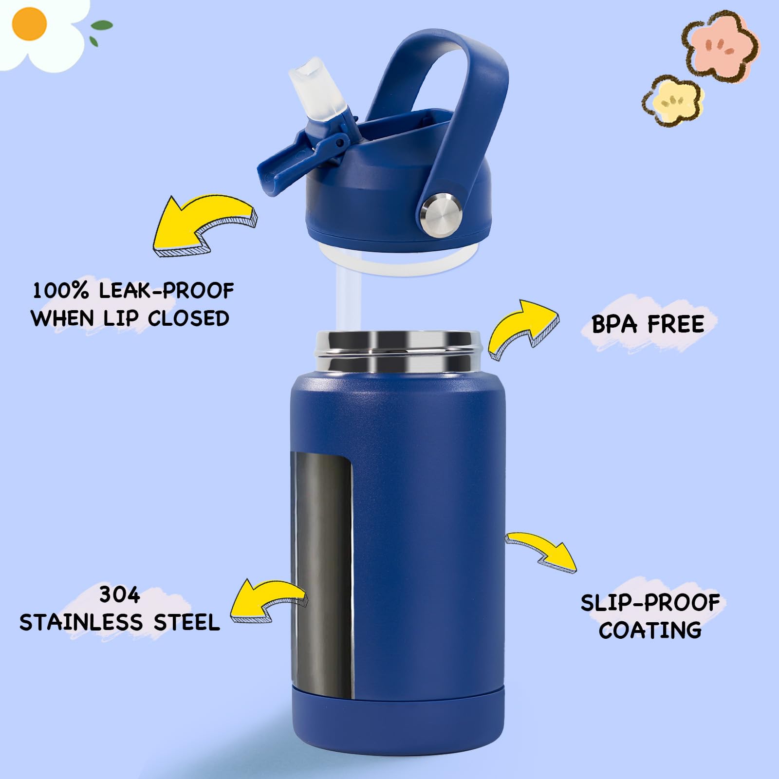 Kerilyn 12oz Kids Water Bottle, Stainless Steel Insulated Water Bottle For Kids, Toddler Cup With Straws Leak-proof, Kids Water Bottles For School Boys Girls, BPA Free, Blue
