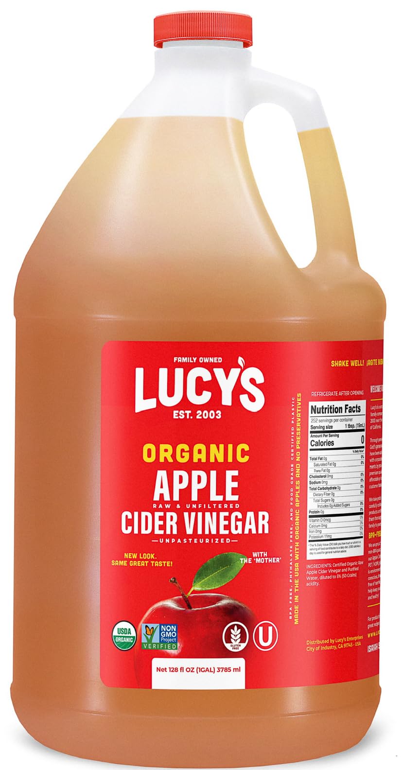 Lucy's Familienbetrieb – GALLONENGROESSE, Bio, mit Essigmutter, Apfelessig, ungefiltert, nicht pasteurisiert, gentechnikfrei und roh