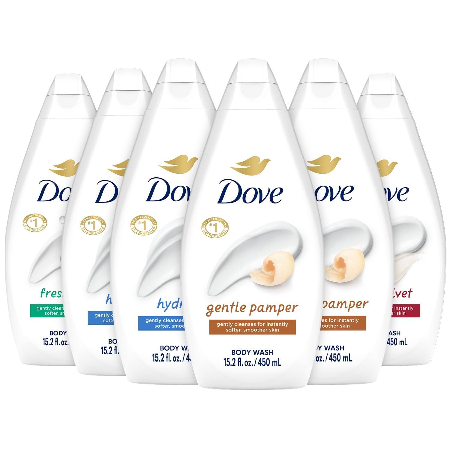 Dove Body Wash Variety 6-Pack - Hydrate, Gentle Pamper, Fresh Care, and Silky Velvet, 15.2 Oz Ea