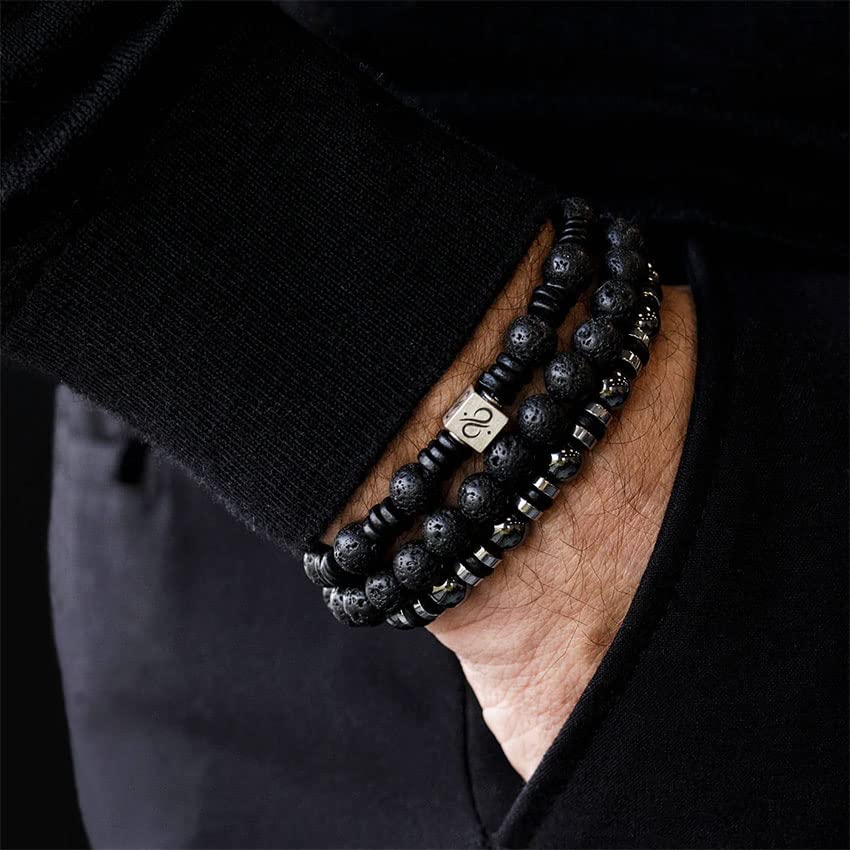 Tiger Eye Bracelet For Men 8MM Natural Stone Beads Bracelet Set Stretch Lava Rock Bracelets Adjustable Black Crystal Beaded Bracelet for Men Women Gifts