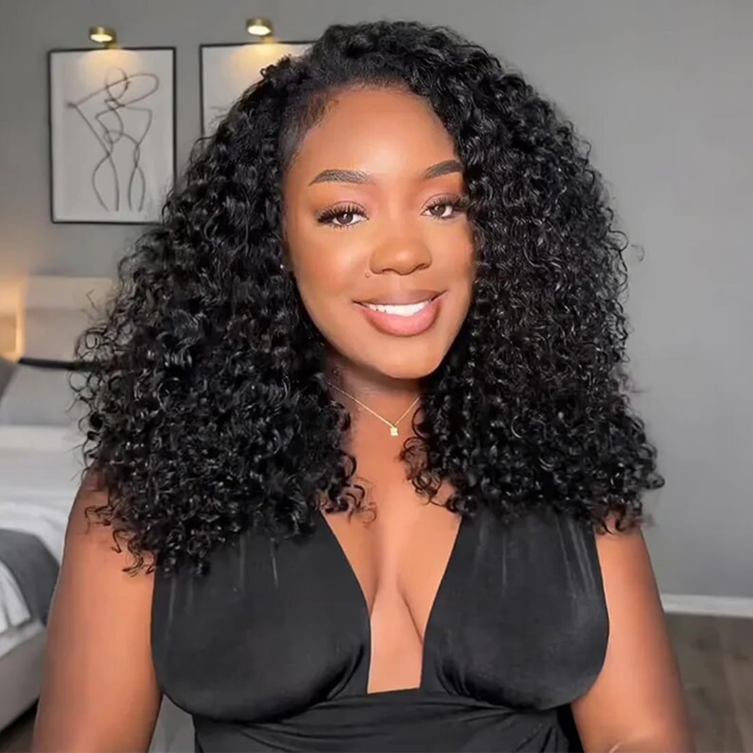 ISEE Half Wig Human Hair Glueless Wigs Upgrade 3 IN 1 Half Wig With Drawstring Seamless Clip Ins Flip Over Kinky Curly Human Hair No Glue No Lace For Women 180% Density 18 Inch