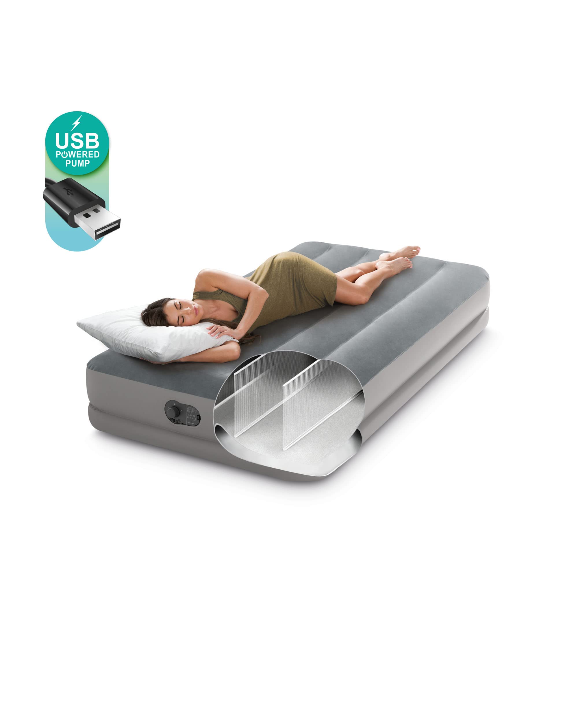 Intex 64112E Dura-Beam Standard Prestige Air Mattress: Fiber-Tech – Twin Size – Built-in USB Electric Pump – 12in Bed Height – 300lb Weight Capacity