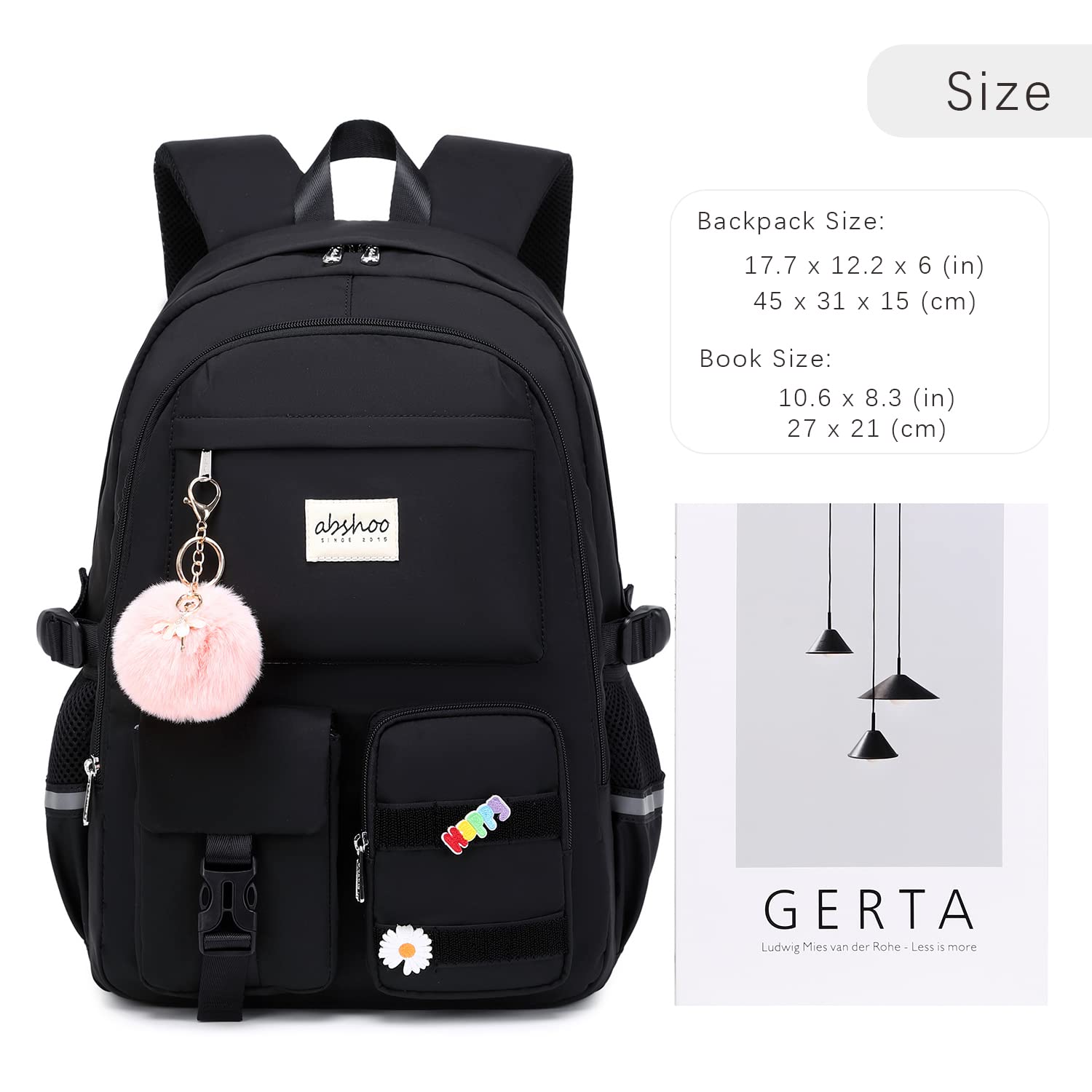 abshoo Big Student Laptop Backpack For College Women Middle High School Teen Girls Bookbag Travel Daypack (Black)