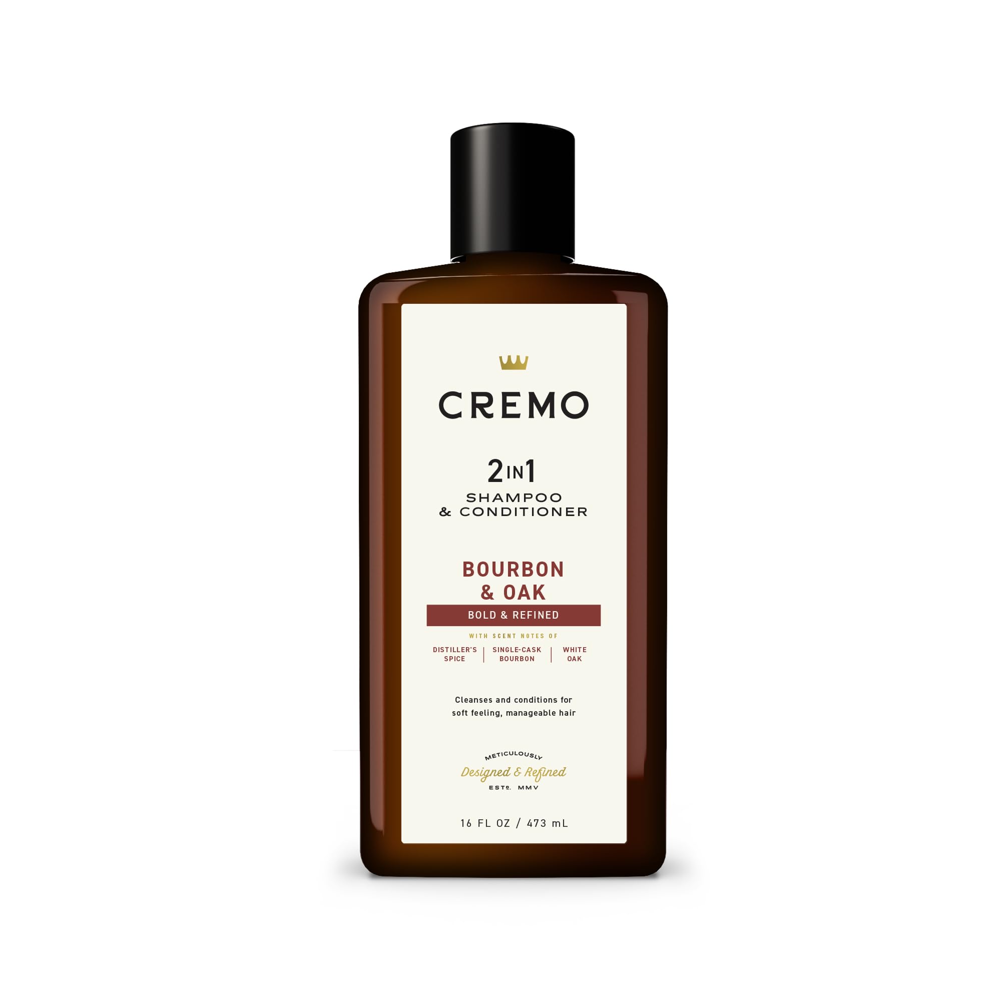 Cremo Bourbon & Oak 2 in 1 Shampoo & Conditioner for Men, A Sophisticated Blend of Distillers Spice, Fine Bourbon and White Oak, 16 Fl Oz