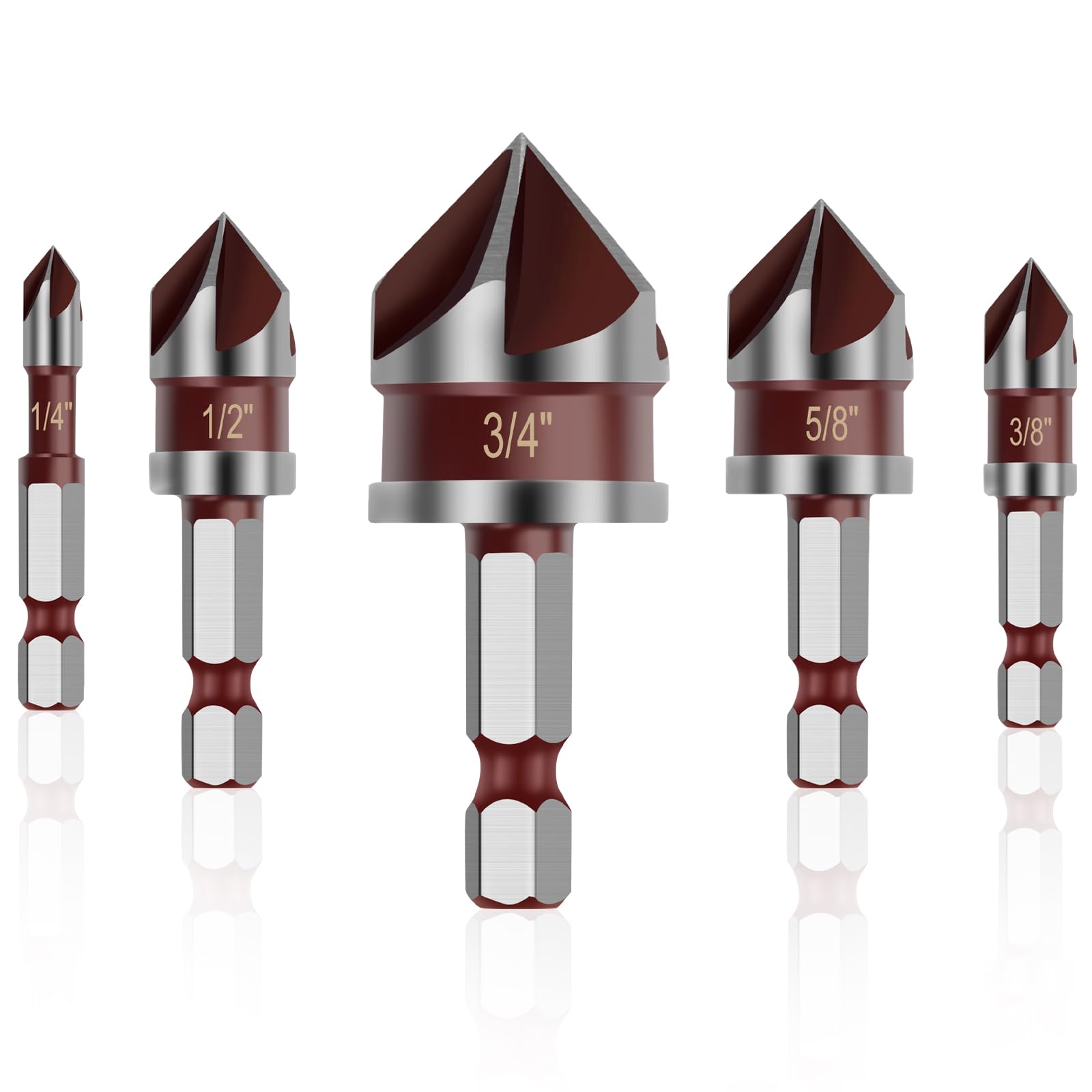 5PCS Countersink Drill Bit Set, 82 Degree HSS Counter Sink Drill Bit for Wood, Metal, Plastic, 1/4"-3/4" with 1/4" Hex Shank Countersink Bit Set