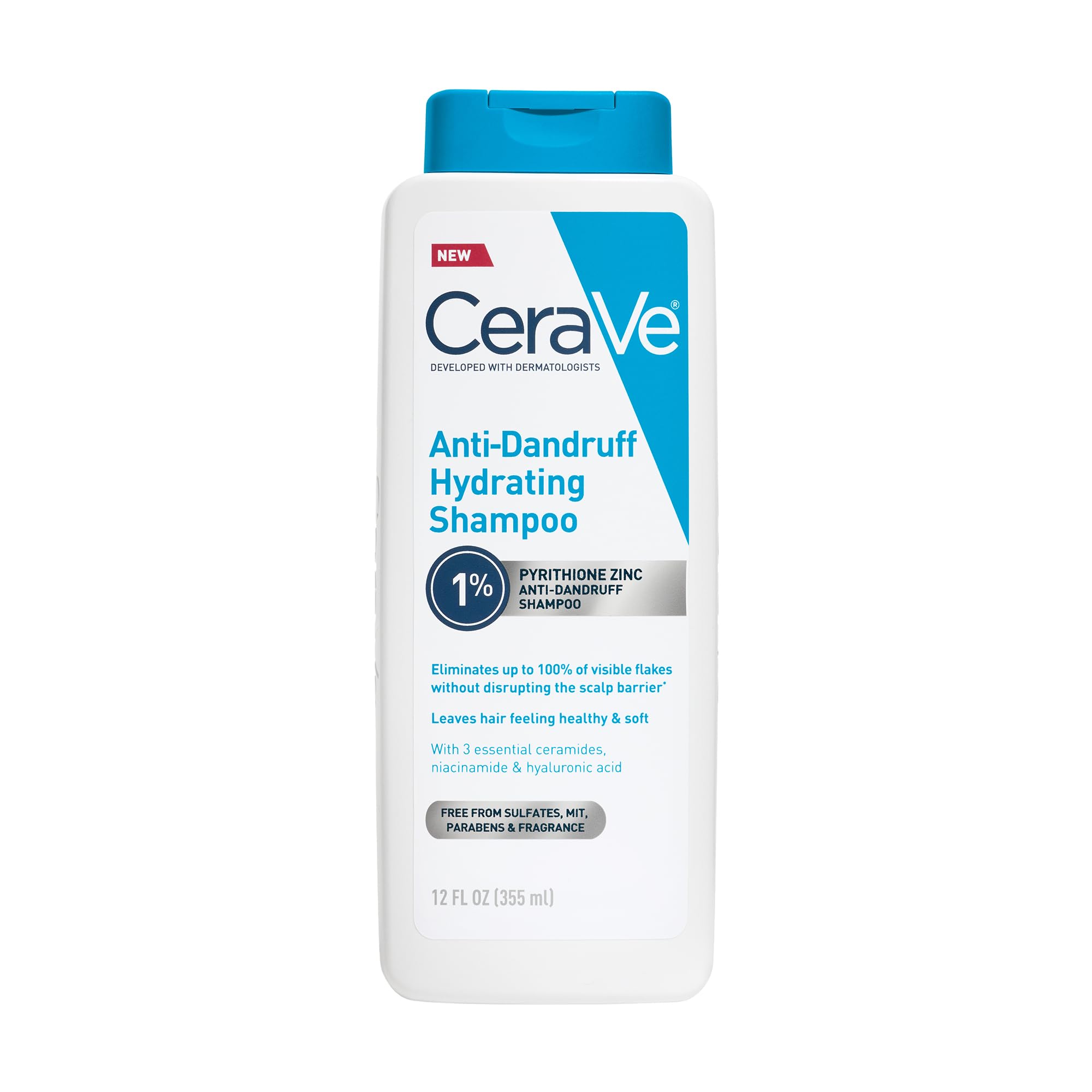 CeraVe Feuchtigkeitsspendendes Anti-Schuppen Shampoo, 1% Pyrithion-Zink Anti-Schuppen Behandlung mit Ceramiden, Niacinamid & Hyaluronsäure, hilft Schuppen zu beseitigen & lindert juckende Kopfhaut, sulfatfrei, 355 ml