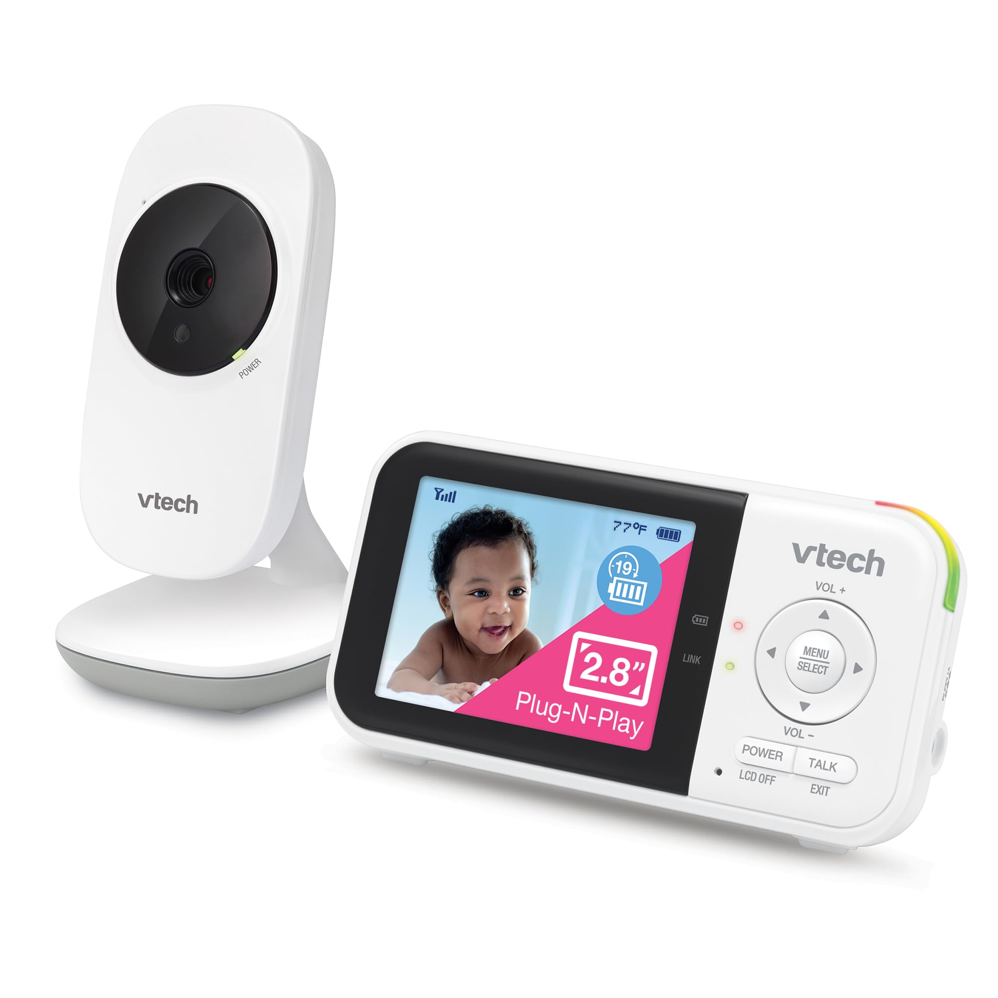 جهاز مراقبة الأطفال VTech VM819 بكاميرا وصوت، كاميرا أطفال محمولة بشاشة 2.8 بوصة، رؤية ليلية، صوت ثنائي الاتجاه، مستشعر درجة الحرارة وتهويدات، نقل آمن بدون واي فاي، مثالي للأطفال/كبار السن/الحيوانات الأليفة