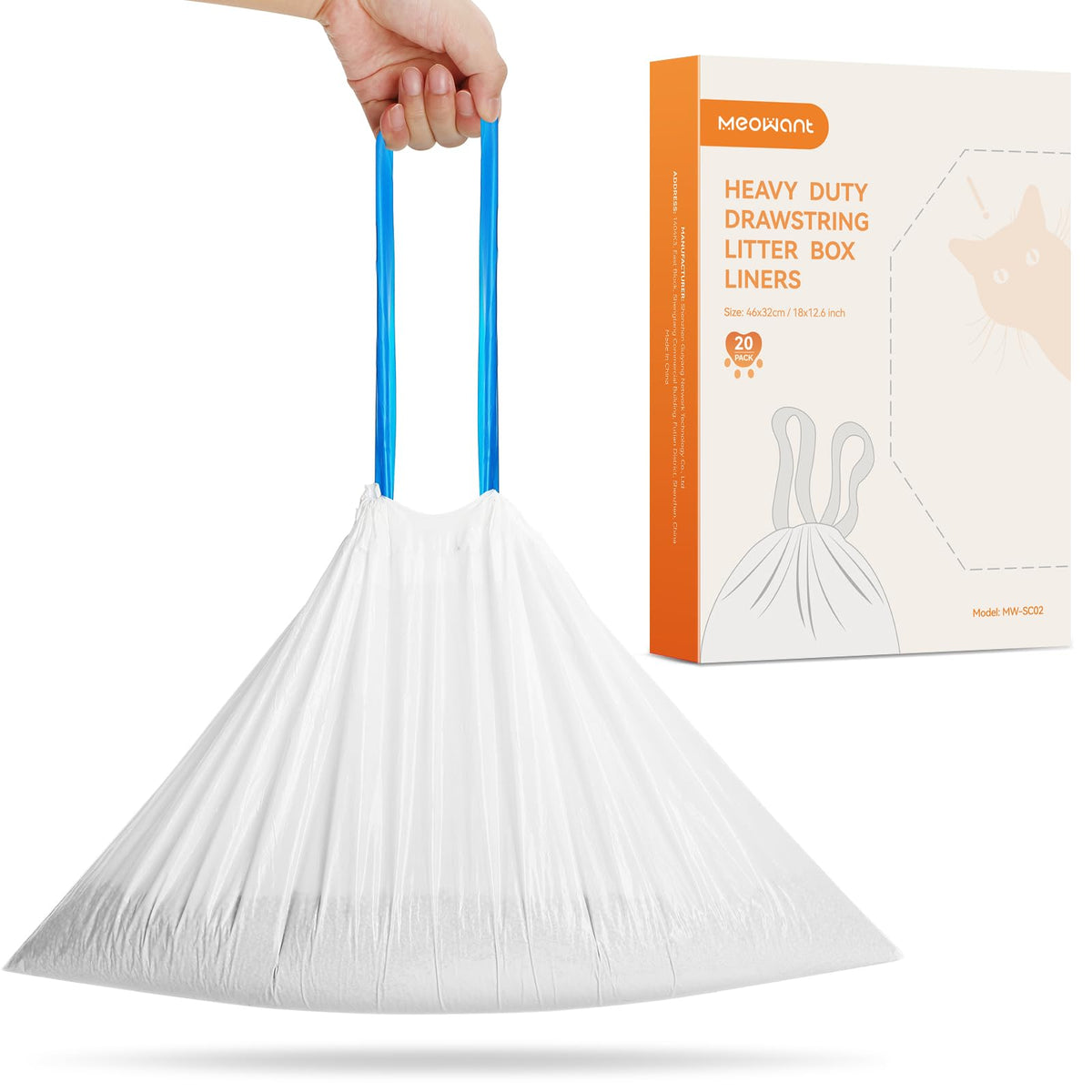 MeoWant Cat Litter Box Liners, Drawstring Receptacles Bags Thickened Waste Bag for MeoWant MW-SC01/MW-SC02 Automatic Cat Litter Box, 20pcs