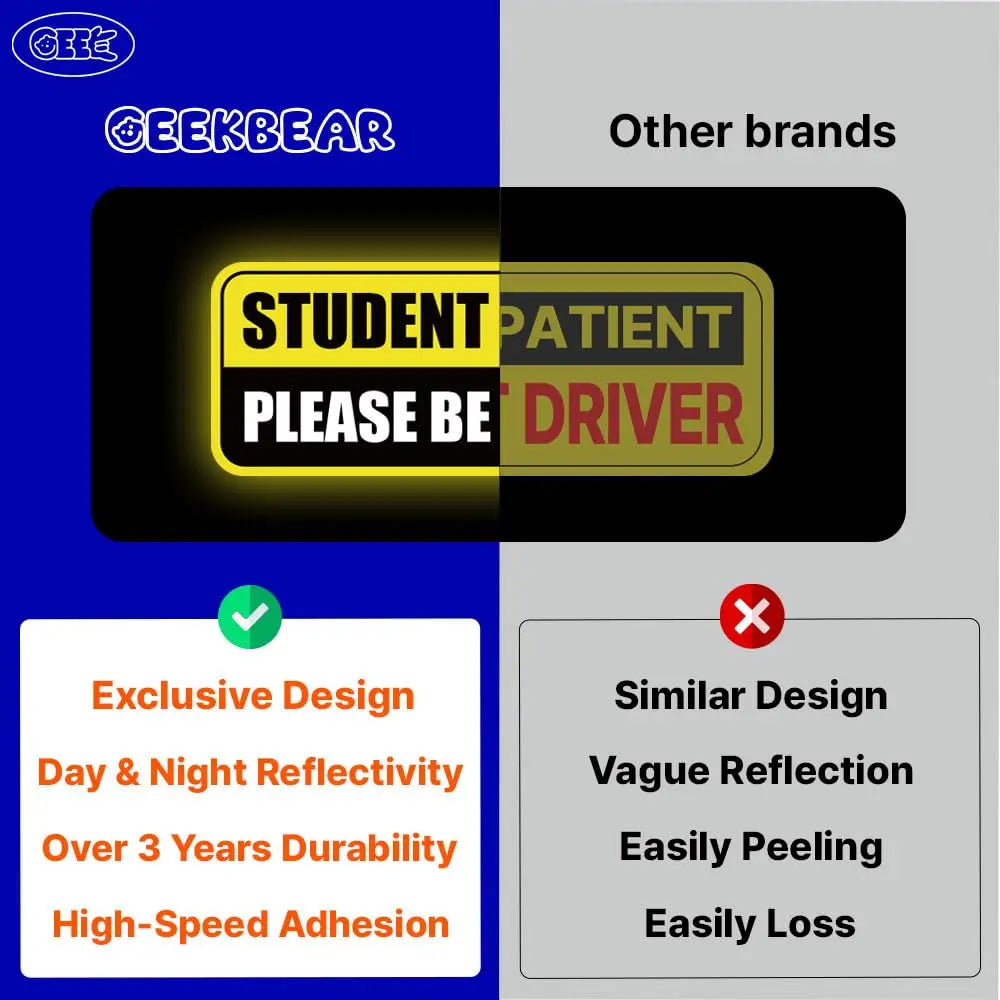 GEEKBEAR Student Driver Car Magnet - Colorful, Reflective, Weather-Resistant - Rectangular 8.7 x 3.5 in (Yellow/Black, 3 Pack)