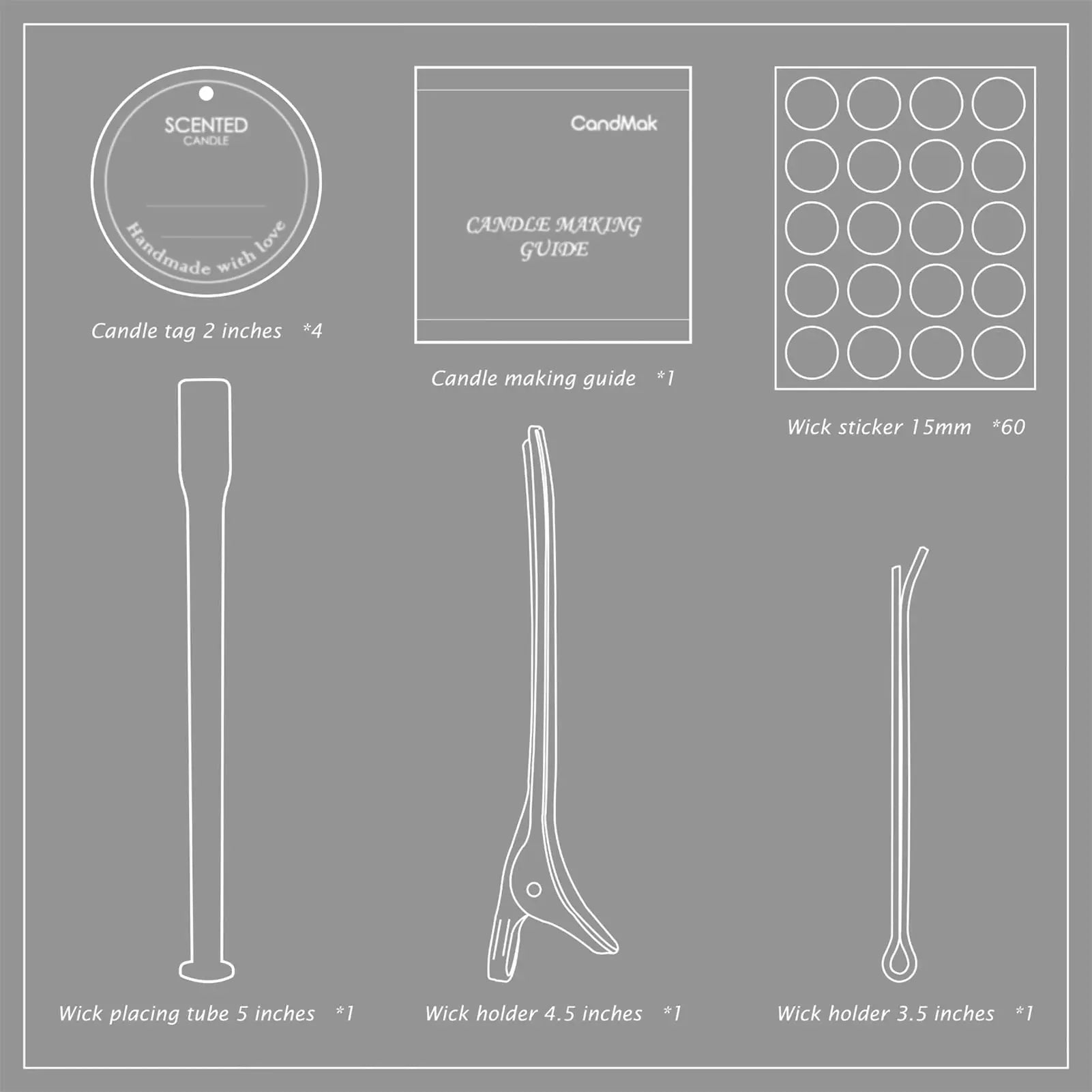 CandMak Candle Wick Kit - 60 Cotton Wicks with Candle Making Tools (Thick 4"+6"+8")