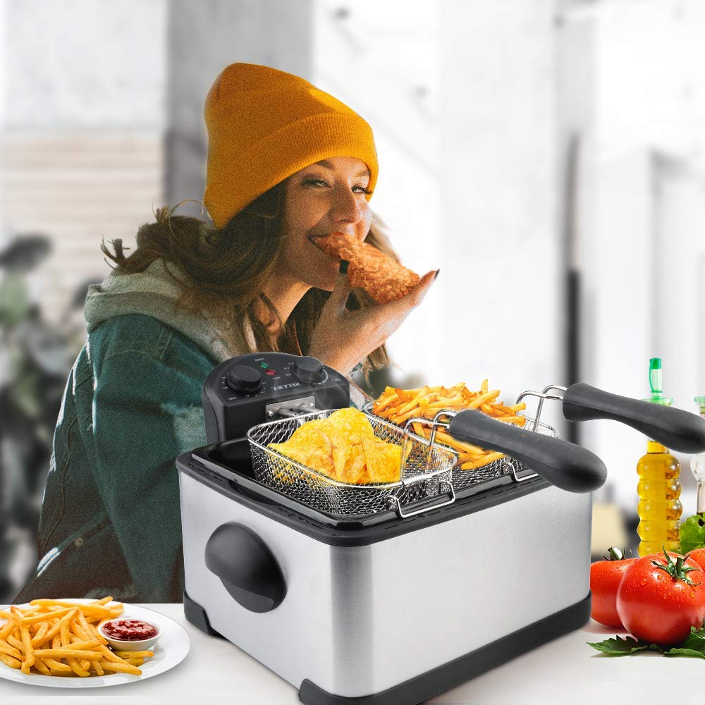 Secura 1700-Watt Stainless-Steel Triple Basket Electric Deep Fryer with Timer Free Extra Odor Filter, 4L/17-Cup,Silver