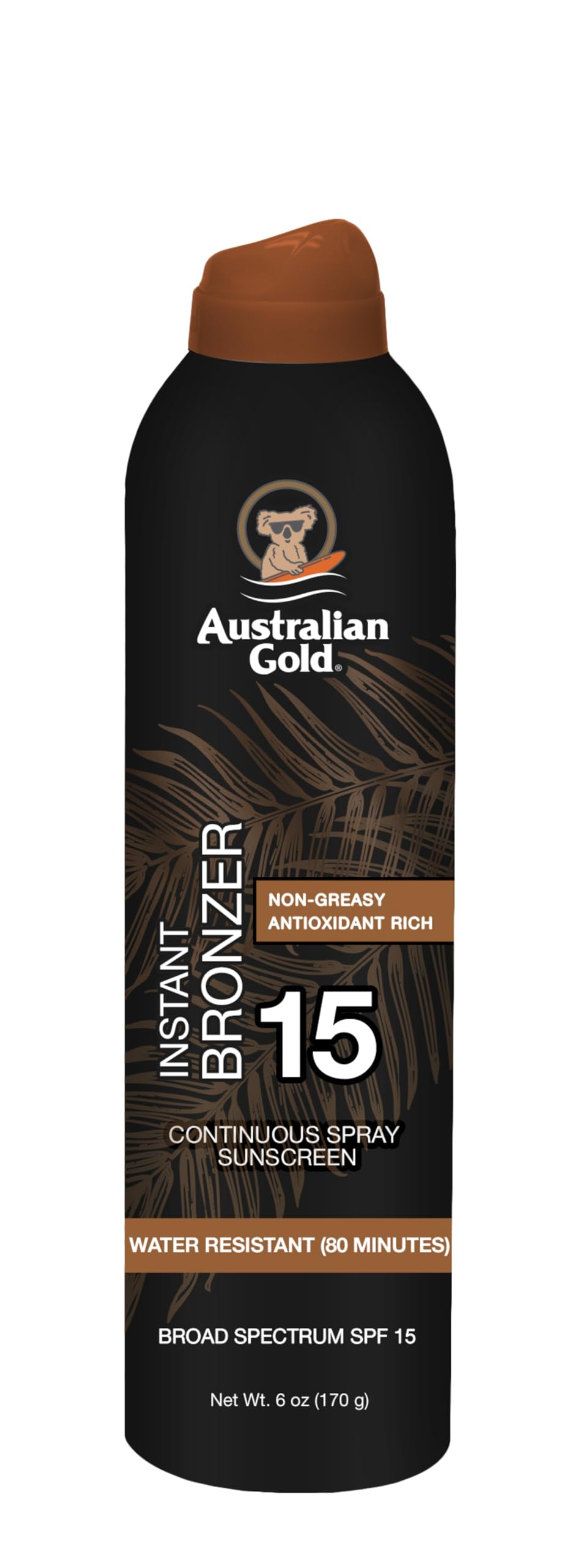 Australian Gold Continuous Spray Sunscreen with Instant Bronzer SPF 15، لمعان فوري ويجف بسرعة، واسع الطيف، مقاوم للماء، غير دهني، خالٍ من الأوكسيبنزون، لم يختبر على الحيوانات، 6 أونصة