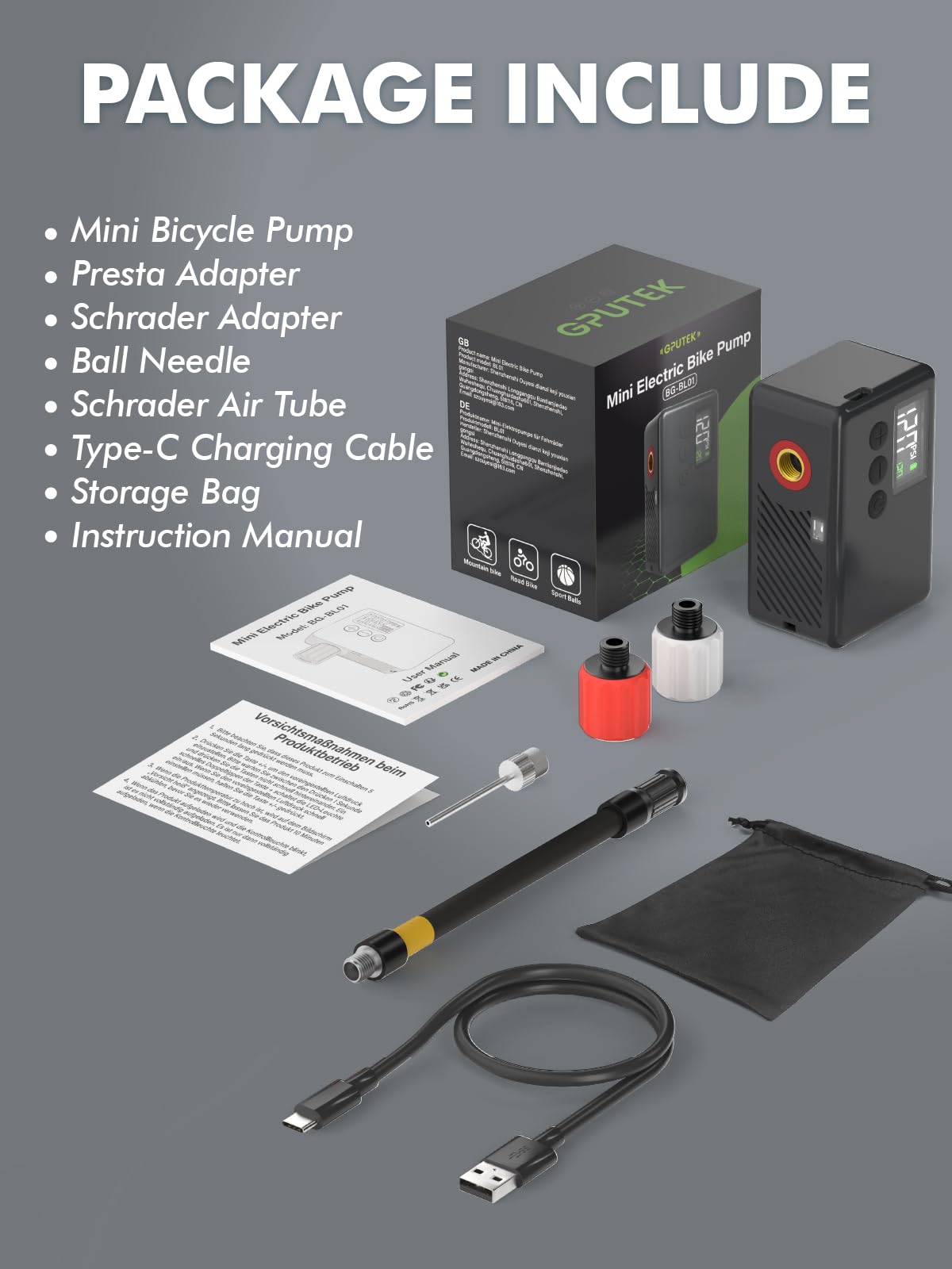 GPUTEK Mini Bike Tire Air Pump: Fast Inflate Portable Small Bicycle Electric Pump for Presta and Schrader Valves, 120 Psi High Pressure Pump with Digital Gauge for Road Bike, Mountain Bike, E-Bike