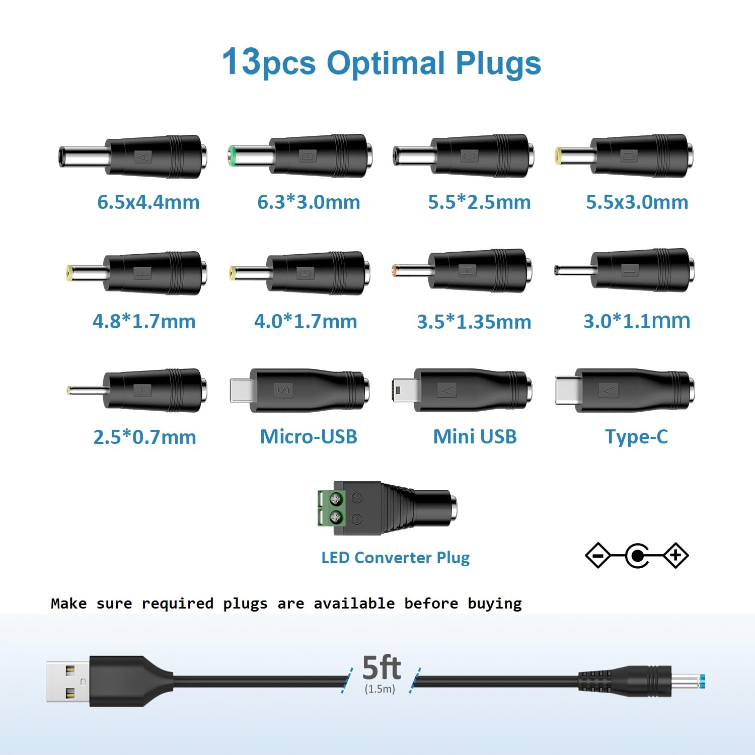 Powseed 5V Universal DC Power Cable, USB to DC Charging Cord with 13pcs Adapter Plugs for Webcam Router, Power Bank, Toy, Recorder, Bluetooth Speaker, Scanner, DVR, Hard Disk Box, USB-HUB etc.