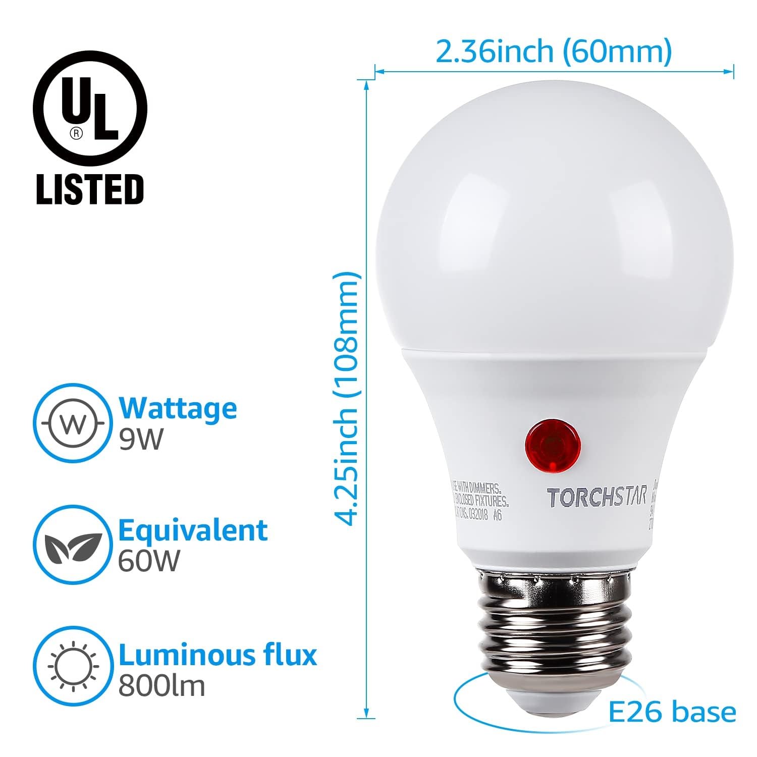 TORCHSTAR Dusk to Dawn Light Bulbs Outdoor, Sensor A19 LED Light Bulb, Auto on/Off Photocell Automatic for Outdoor Lighting, 5000K, Pack of 4