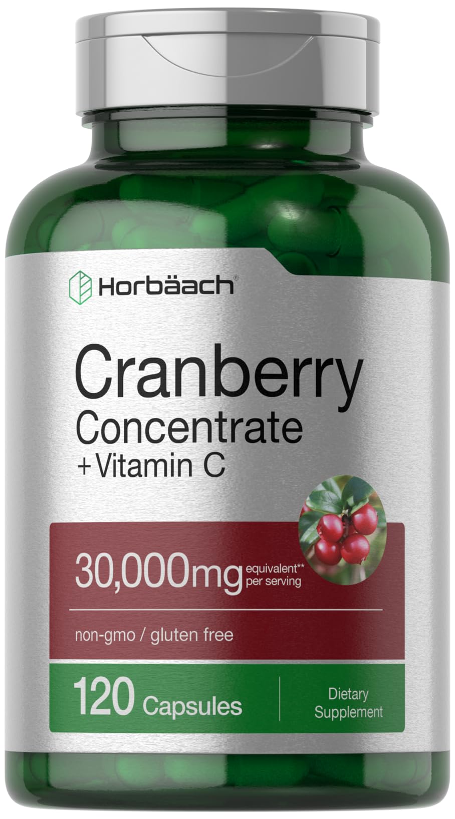 Horbaach Cranberry Konzentrat Extrakt Tabletten + Vitamin C | 30.000mg | 120 Kapseln | Dreifach Starke Ultimative Potenz Formel | GVO-frei und Glutenfreies Nahrungsergänzungsmittel
