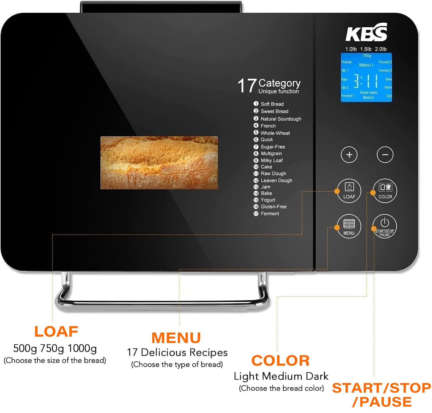 KBS Pro Stainless Steel Bread Machine, 2LB 17-in-1 Programmable XL Bread Maker with Fruit Nut Dispenser, Nonstick Ceramic Pan& Digital Touch Panel, 3 Loaf Sizes 3 Crust Colors, Reserve& Keep Warm Set