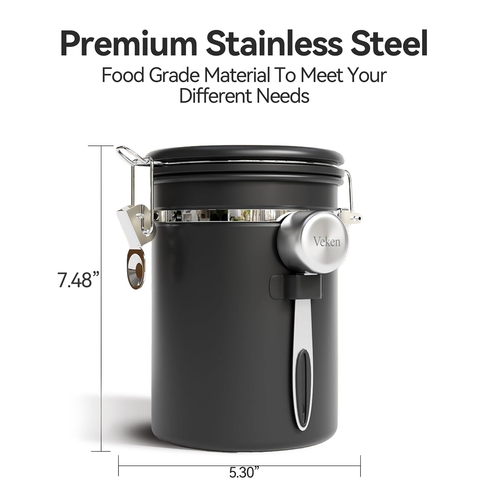 Veken Coffee Canister with Window,Airtight Stainless Steel Container,Home Kitchen Food Storage Organizers for Grounds,Beans,Espresso,Rice,Tea,Sugar,Flour, Cereal,Scoop,Bar Accessories,Gifts,22OZ,Black