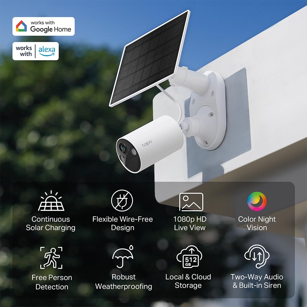 TP-Link SolarCam C402 Kit, Outdoor Battery Camera w/Solar Panel Base, Wireless, 1080P, Free Person/Vehicle Detection, SD/Cloud Storage, Color Night Vision, No Hub Needed, Works w/Alexa